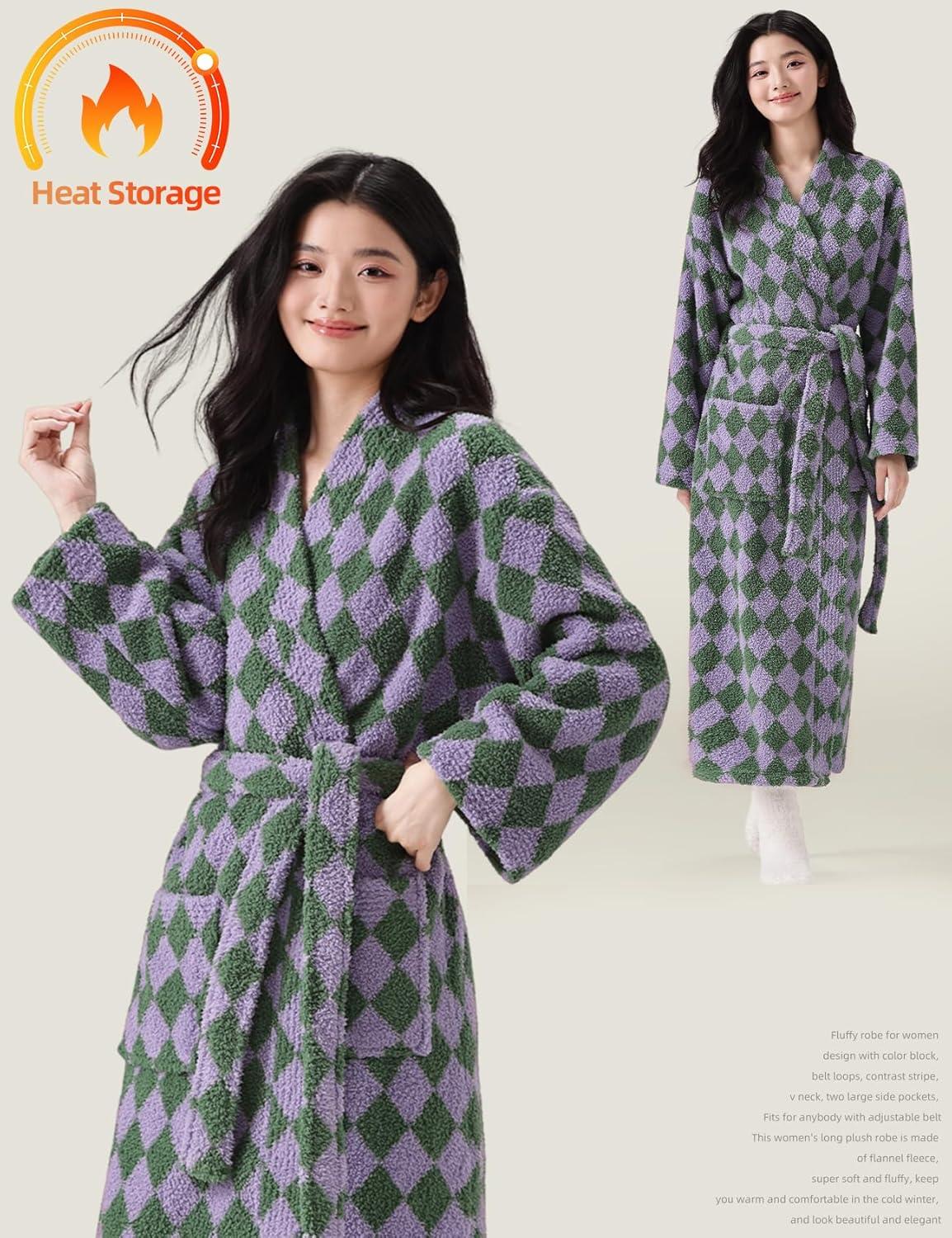 Arssm Womens Striped Fluffy Robe Long Plush Bathrobes Fuzzy Warm Cozy Thick Loungewear Maxi Robe(Lightpurple)