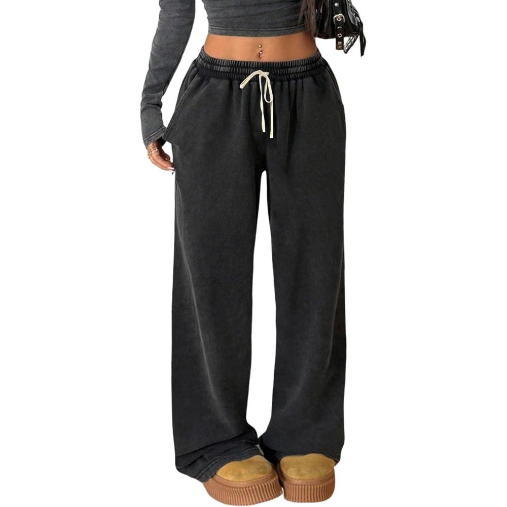 Arssm Baggy Sweatpants for Women Wide Leg Pants Vintage Cotton Acid Wash Drawstring Joggers with Pockets(Black)