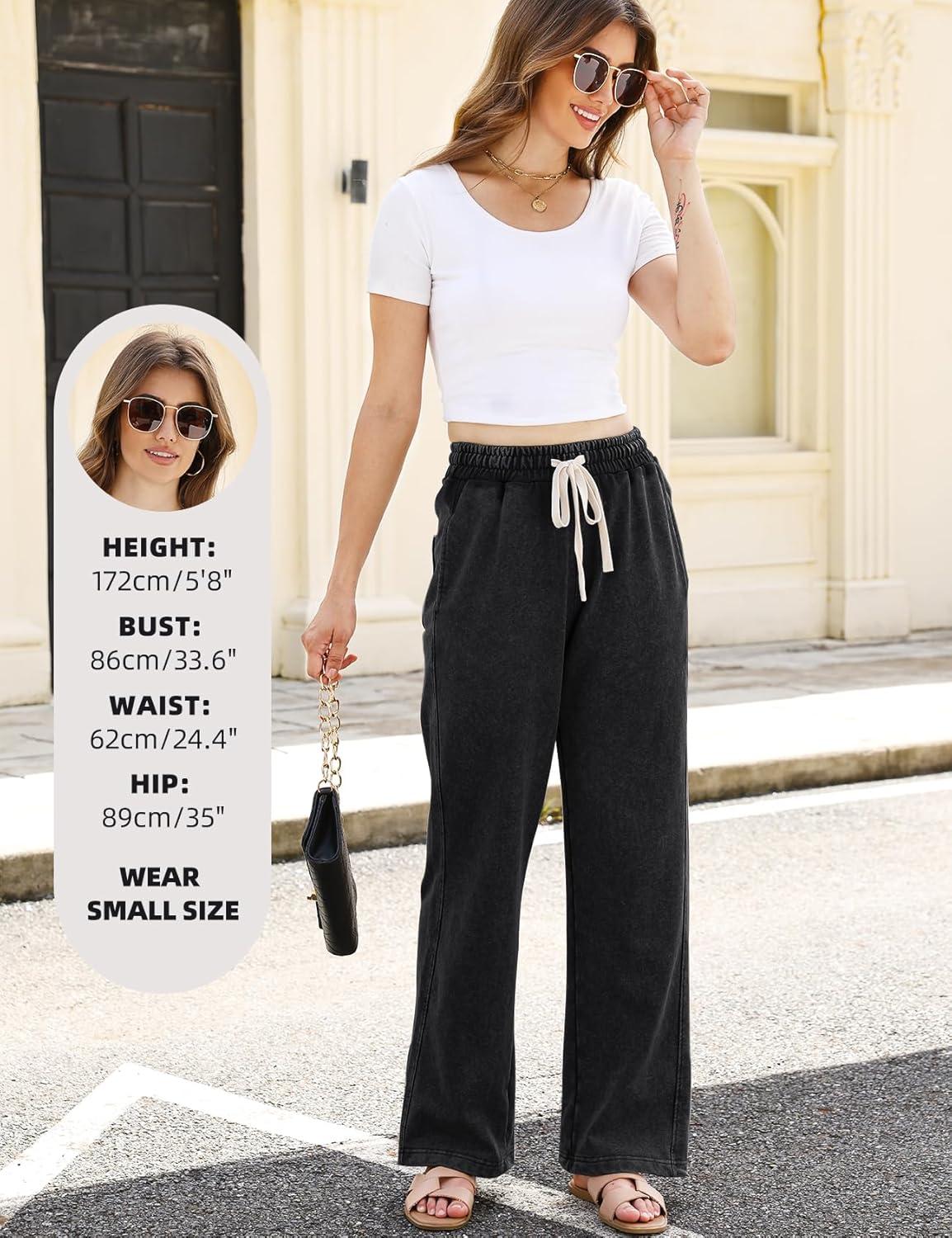 Arssm Baggy Sweatpants for Women Wide Leg Pants Vintage Cotton Acid Wash Drawstring Joggers with Pockets(Black)