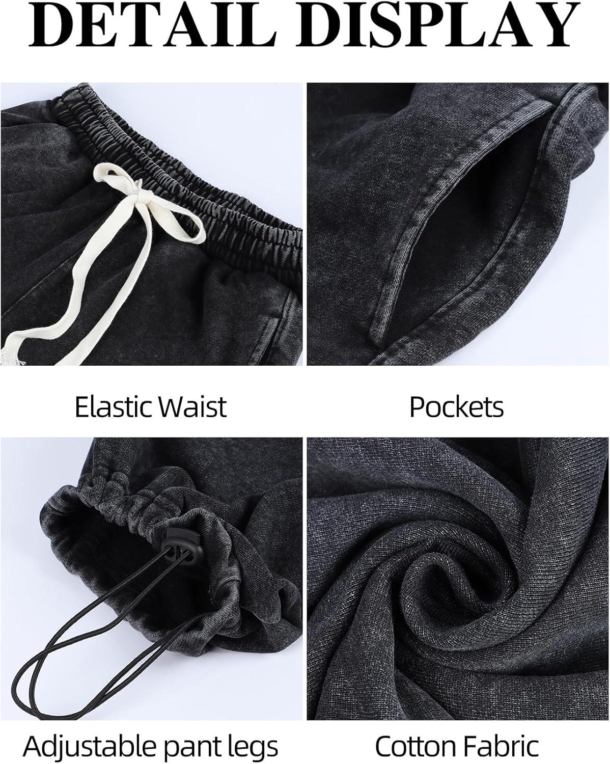Arssm Baggy Sweatpants for Women Wide Leg Pants Vintage Cotton Acid Wash Drawstring Joggers with Pockets(Black)