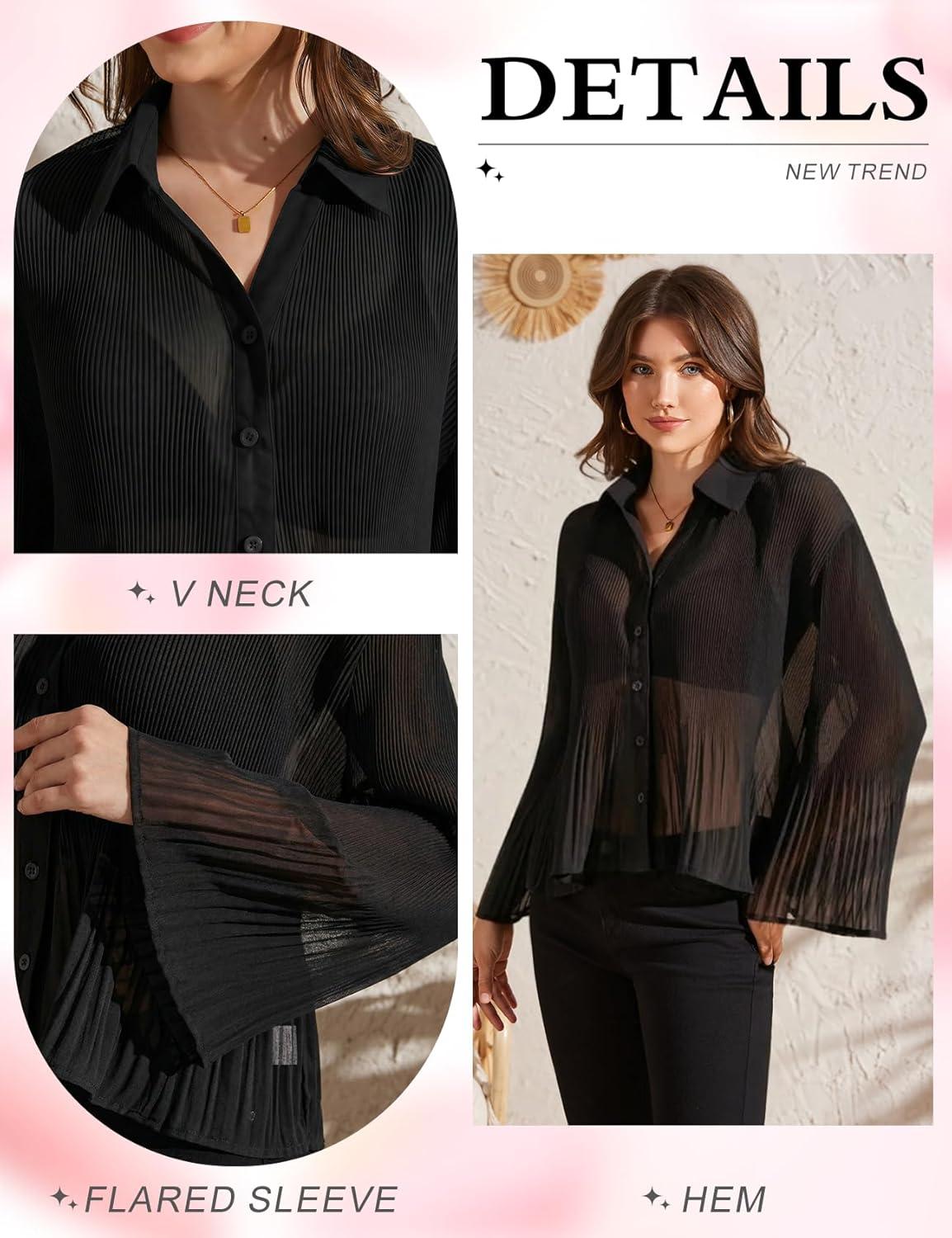 Arssm Women Sheer Button Up Blouse Long Sleeve Mesh Pleated Blouse Tops See Through Shirts(Black)