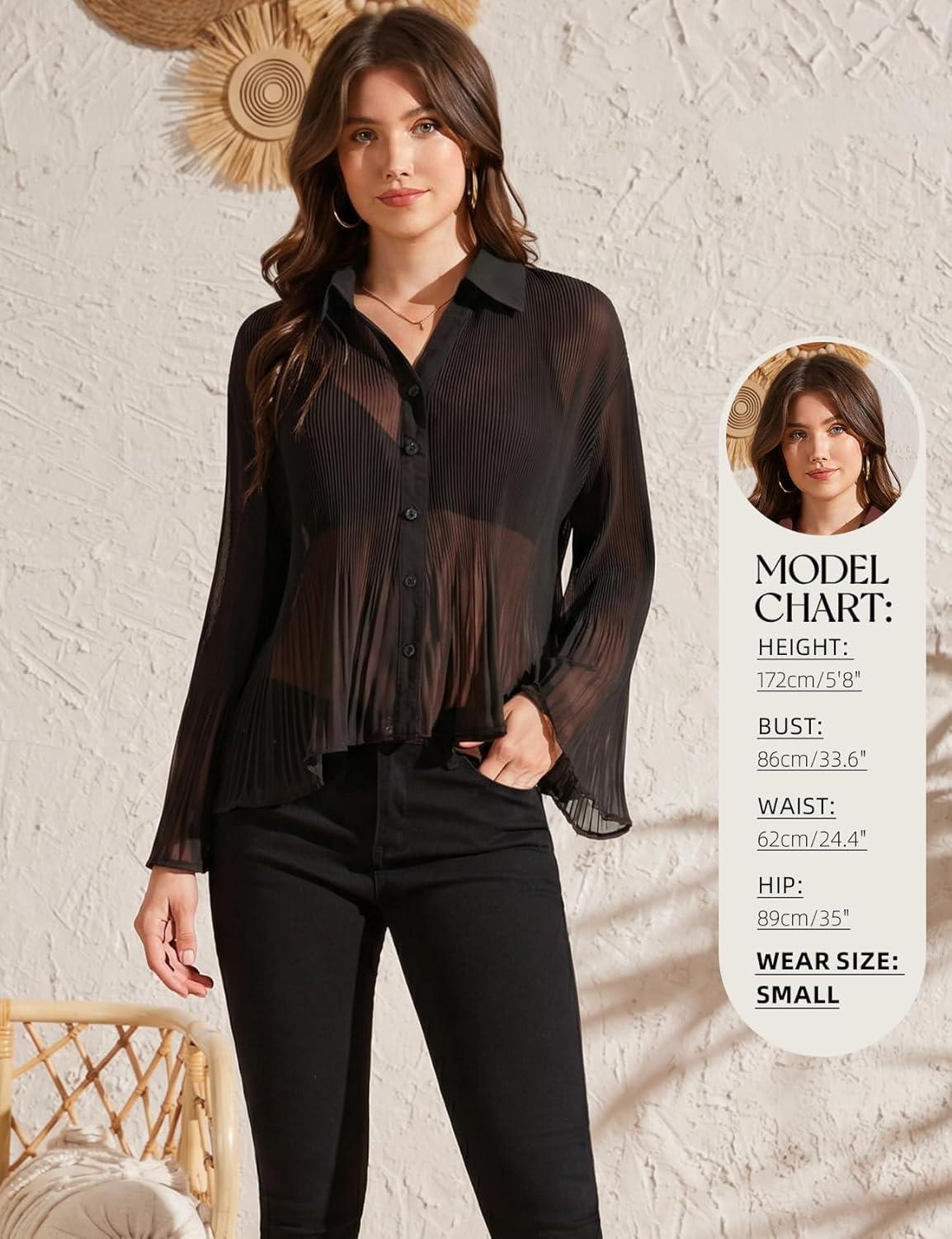 Arssm Women Sheer Button Up Blouse Long Sleeve Mesh Pleated Blouse Tops See Through Shirts(Black)