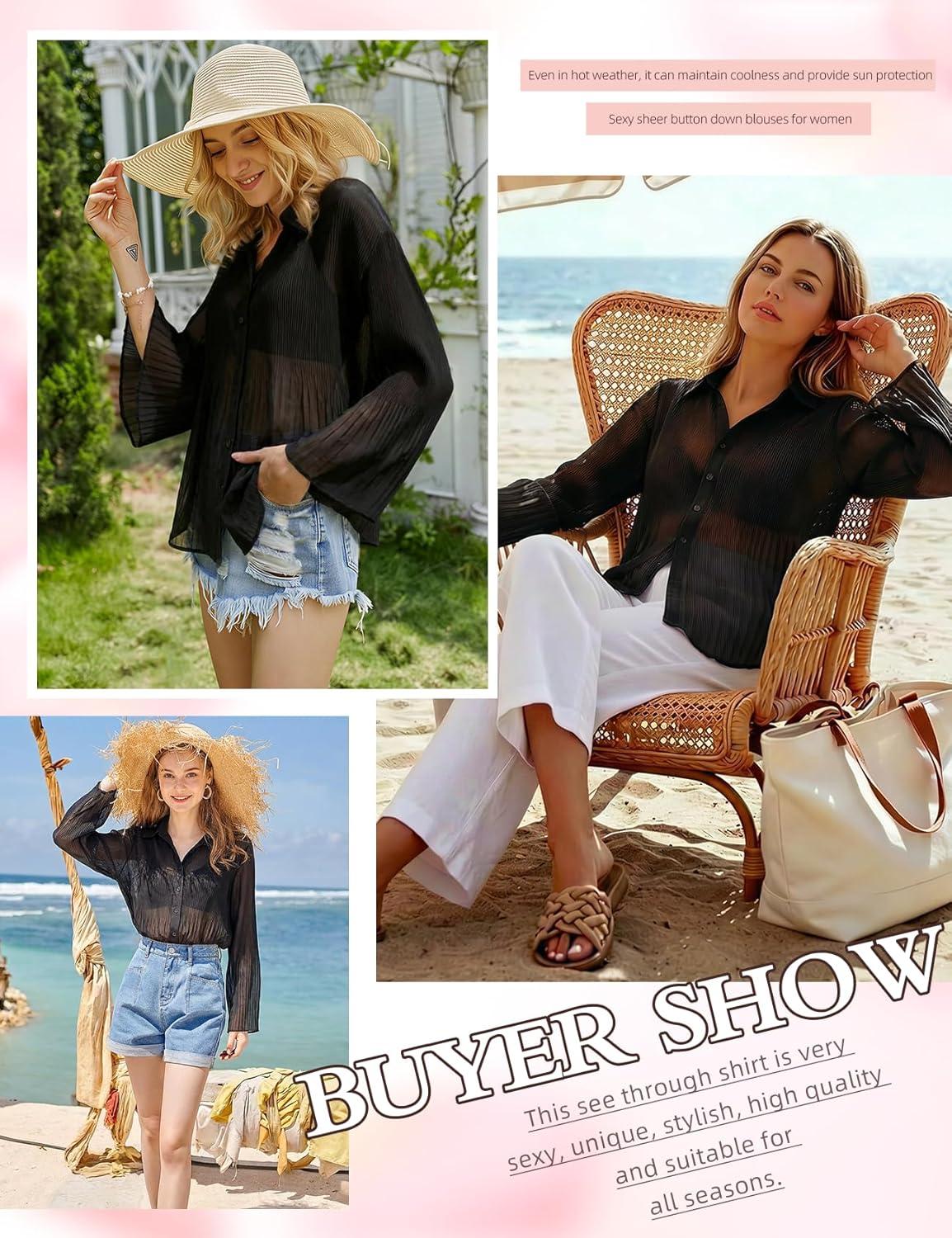Arssm Women Sheer Button Up Blouse Long Sleeve Mesh Pleated Blouse Tops See Through Shirts(Black)