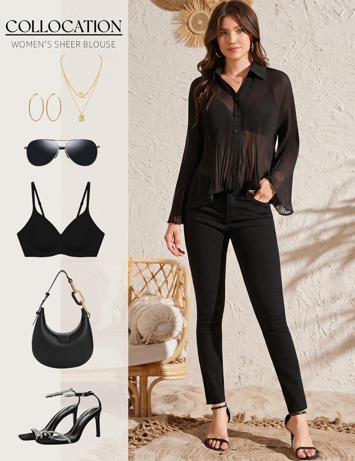 Arssm Women Sheer Button Up Blouse Long Sleeve Mesh Pleated Blouse Tops See Through Shirts(Black)