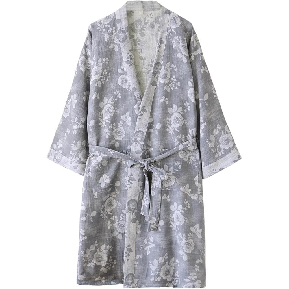 Arssm Women Cotton Gauze Robes Jacquard Japanese Yukata Muslin Kimono Robe Bathrobe Loungewear Sleepwear(Greyroses)