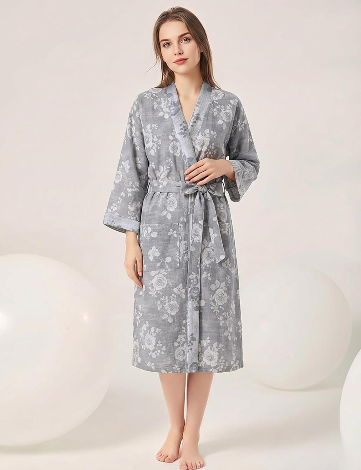 Arssm Women Cotton Gauze Robes Jacquard Japanese Yukata Muslin Kimono Robe Bathrobe Loungewear Sleepwear(Greyroses)