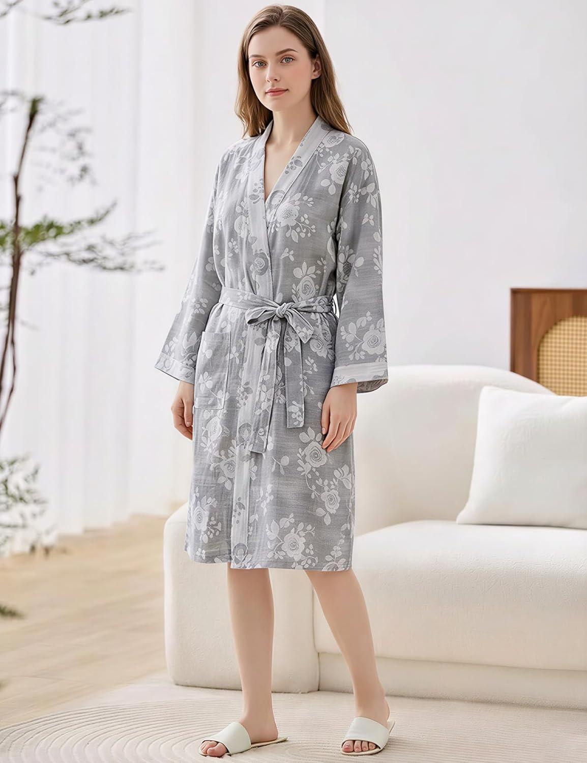 Arssm Women Cotton Gauze Robes Jacquard Japanese Yukata Muslin Kimono Robe Bathrobe Loungewear Sleepwear(Greyroses)