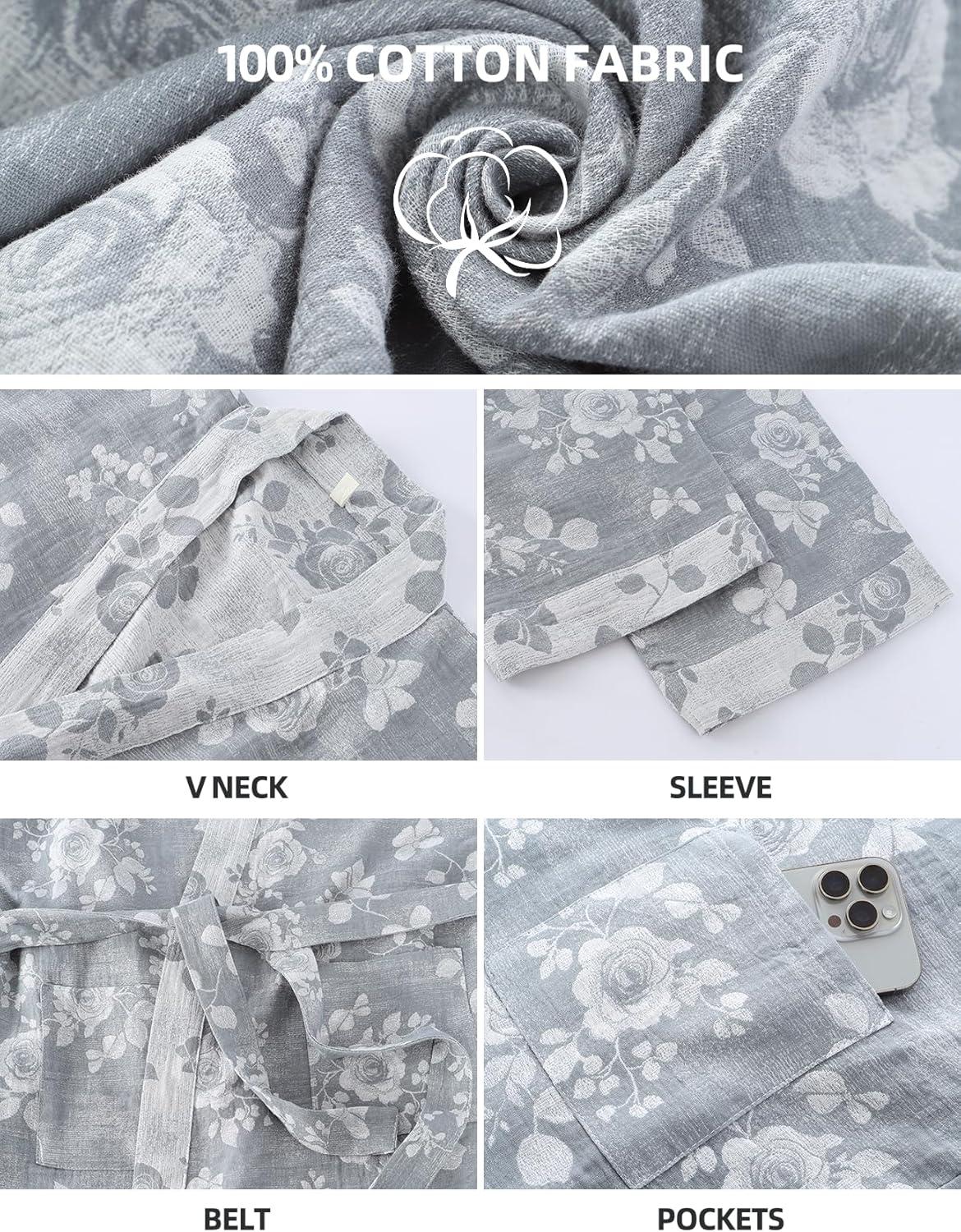 Arssm Women Cotton Gauze Robes Jacquard Japanese Yukata Muslin Kimono Robe Bathrobe Loungewear Sleepwear(Greyroses)