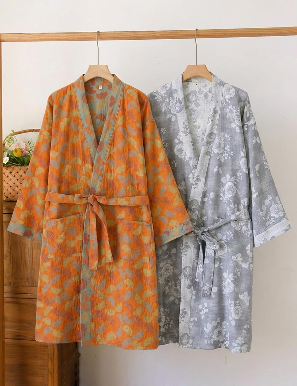 Arssm Women Cotton Gauze Robes Jacquard Japanese Yukata Muslin Kimono Robe Bathrobe Loungewear Sleepwear(Greyroses)