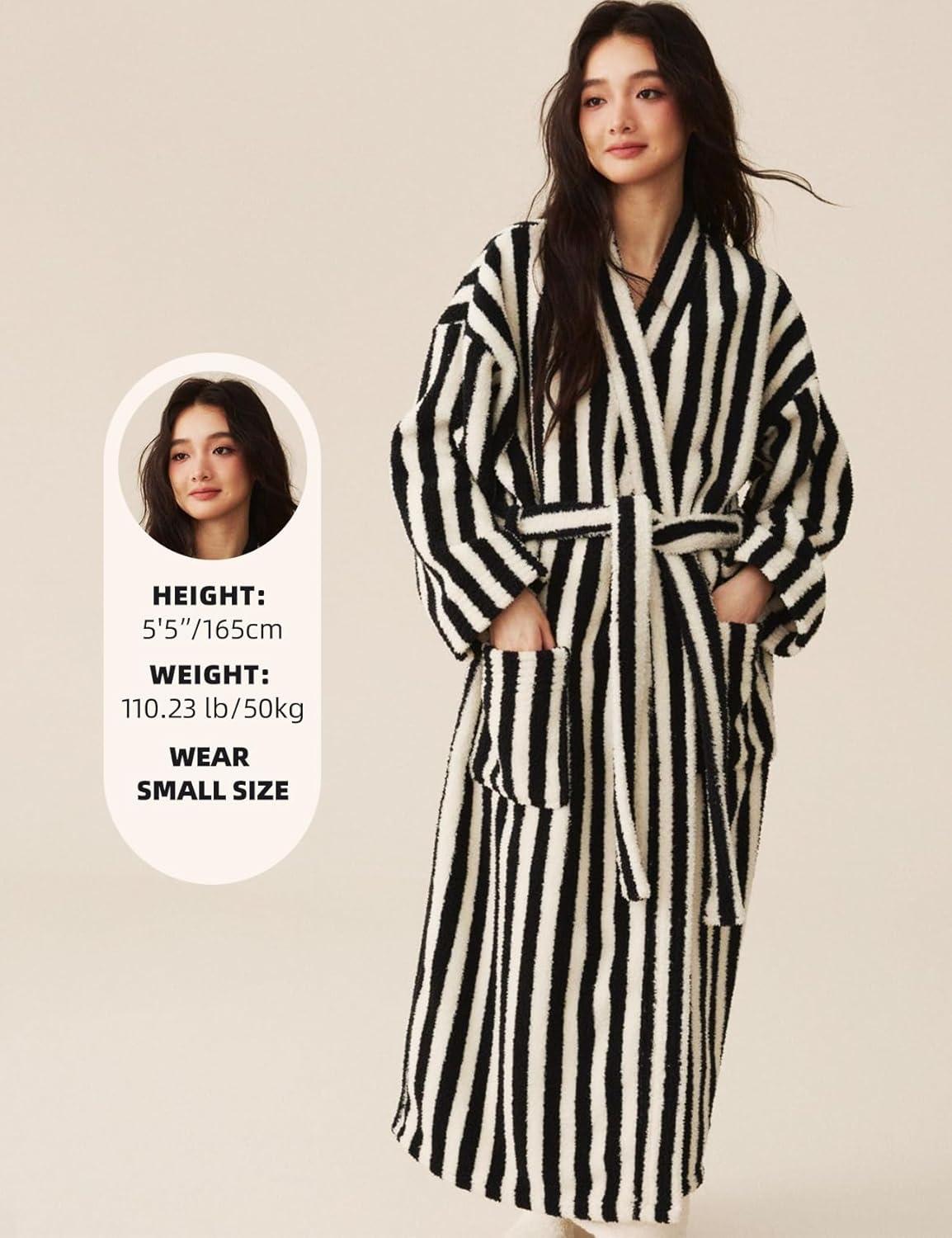 Arssm Womens Striped Fluffy Robe Long Plush Bathrobes Fuzzy Warm Cozy Thick Loungewear Maxi Robe(Black)