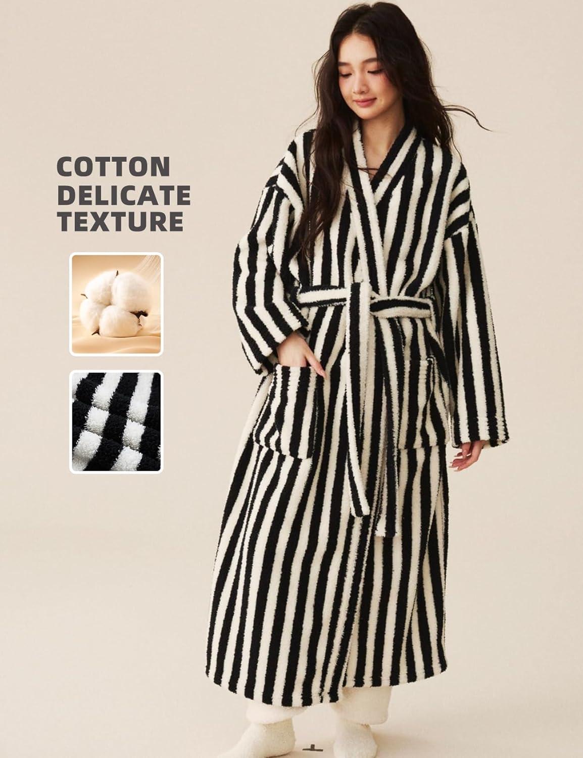 Arssm Womens Striped Fluffy Robe Long Plush Bathrobes Fuzzy Warm Cozy Thick Loungewear Maxi Robe(Black)
