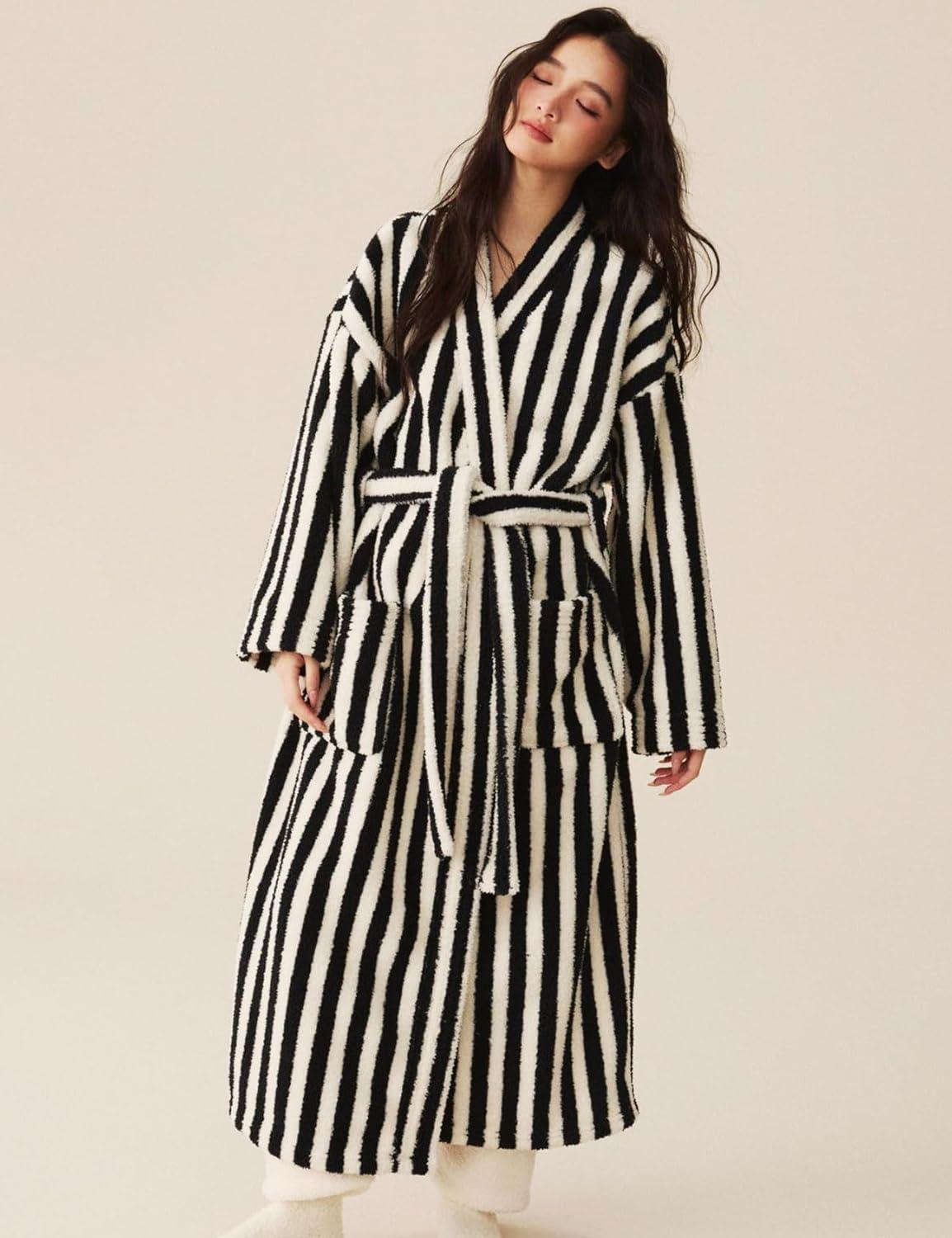 Arssm Womens Striped Fluffy Robe Long Plush Bathrobes Fuzzy Warm Cozy Thick Loungewear Maxi Robe(Black)