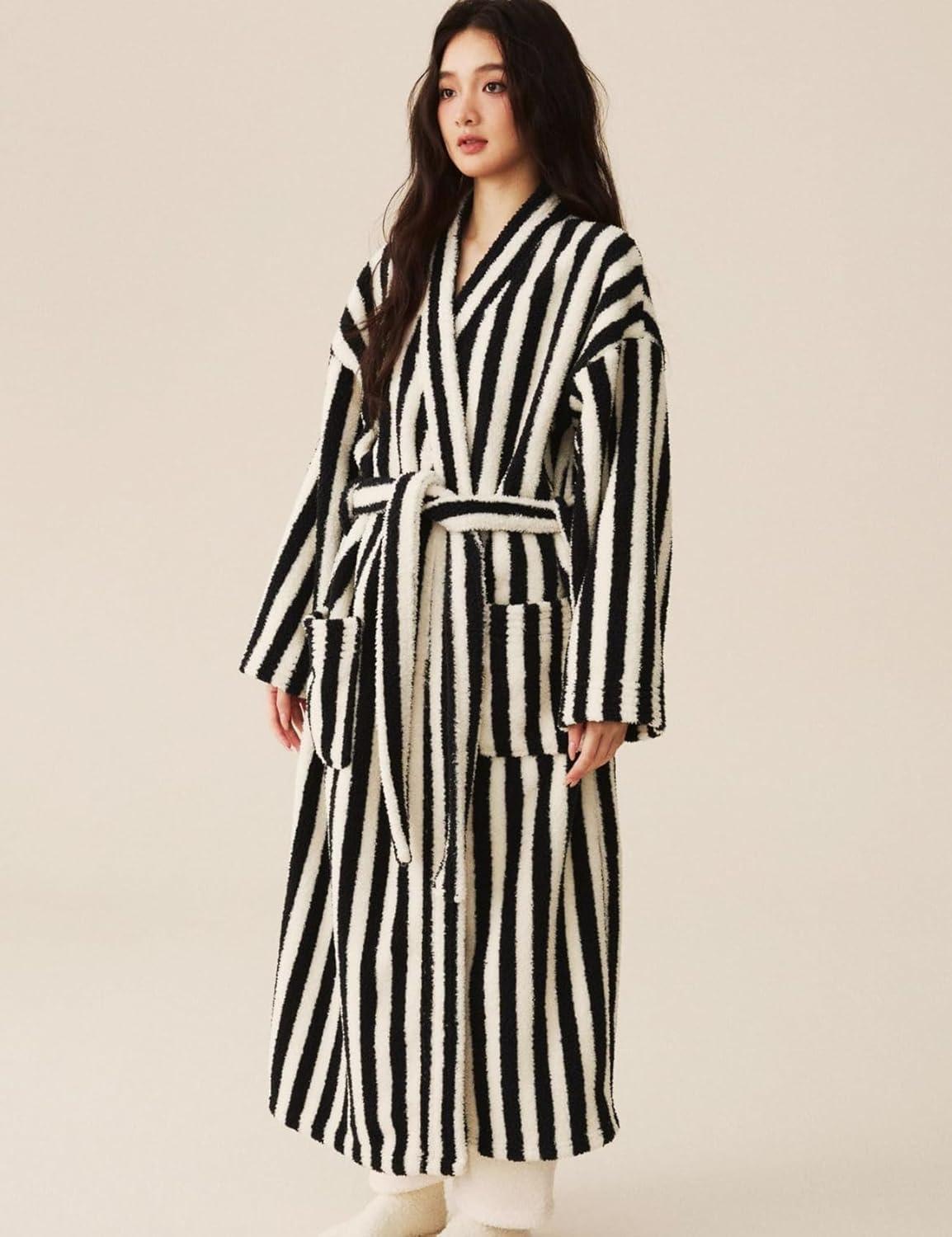Arssm Womens Striped Fluffy Robe Long Plush Bathrobes Fuzzy Warm Cozy Thick Loungewear Maxi Robe(Black)