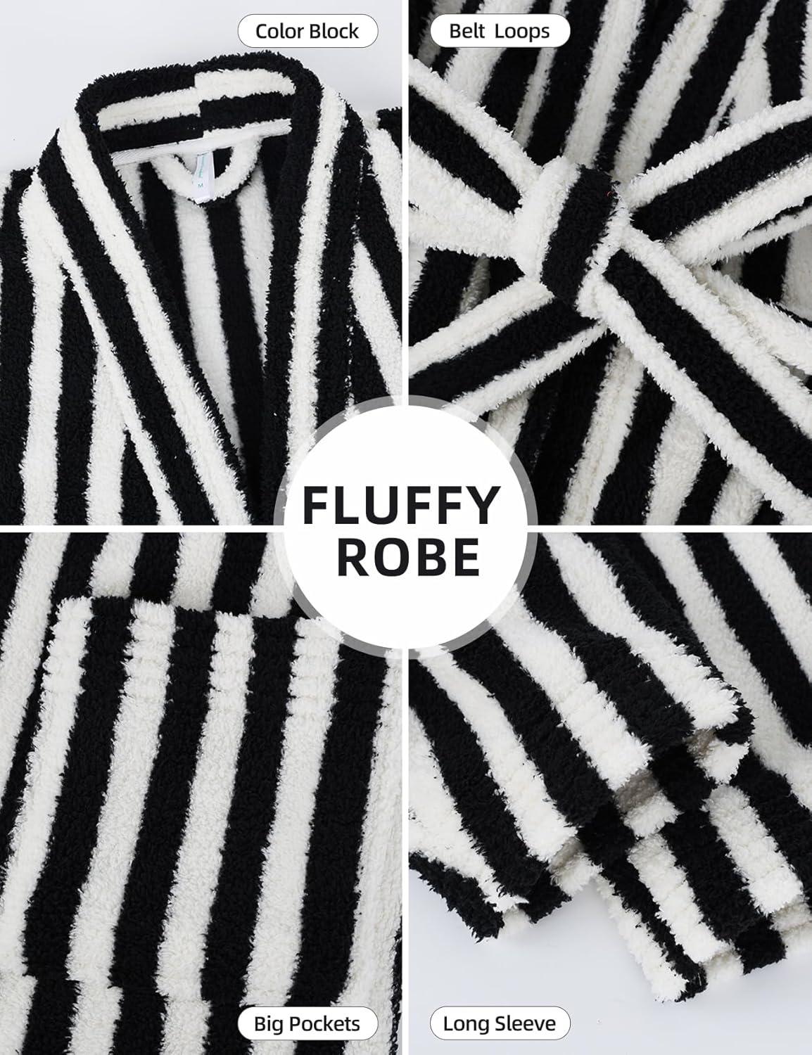 Arssm Womens Striped Fluffy Robe Long Plush Bathrobes Fuzzy Warm Cozy Thick Loungewear Maxi Robe(Black)