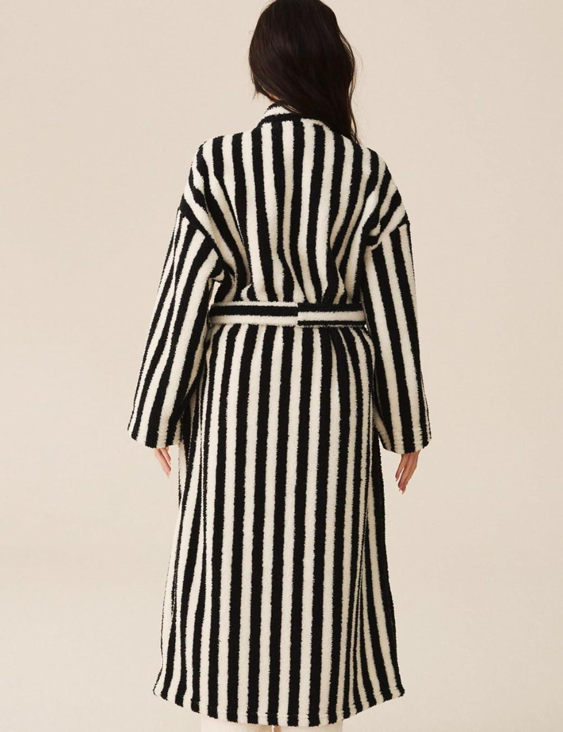 Arssm Womens Striped Fluffy Robe Long Plush Bathrobes Fuzzy Warm Cozy Thick Loungewear Maxi Robe(Black)