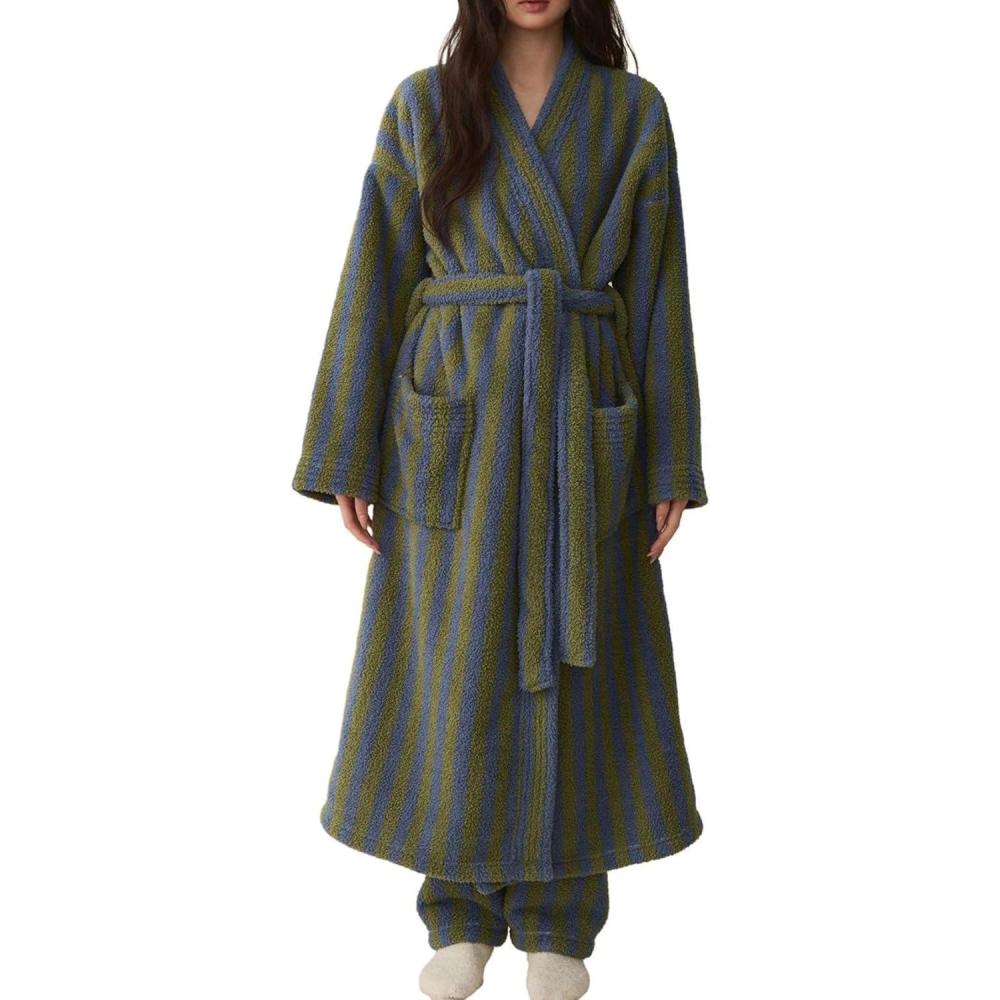 Arssm Womens Striped Fluffy Robe Long Plush Bathrobes Fuzzy Warm Cozy Thick Loungewear Maxi Robe(Green)
