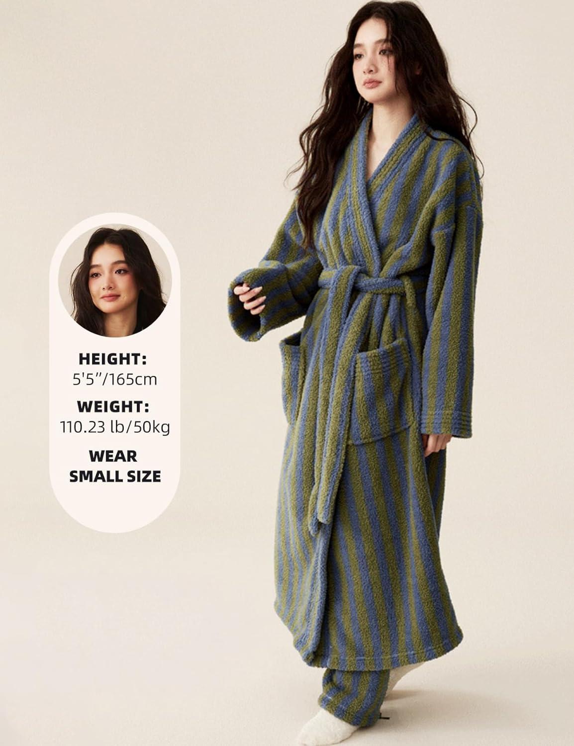 Arssm Womens Striped Fluffy Robe Long Plush Bathrobes Fuzzy Warm Cozy Thick Loungewear Maxi Robe(Green)