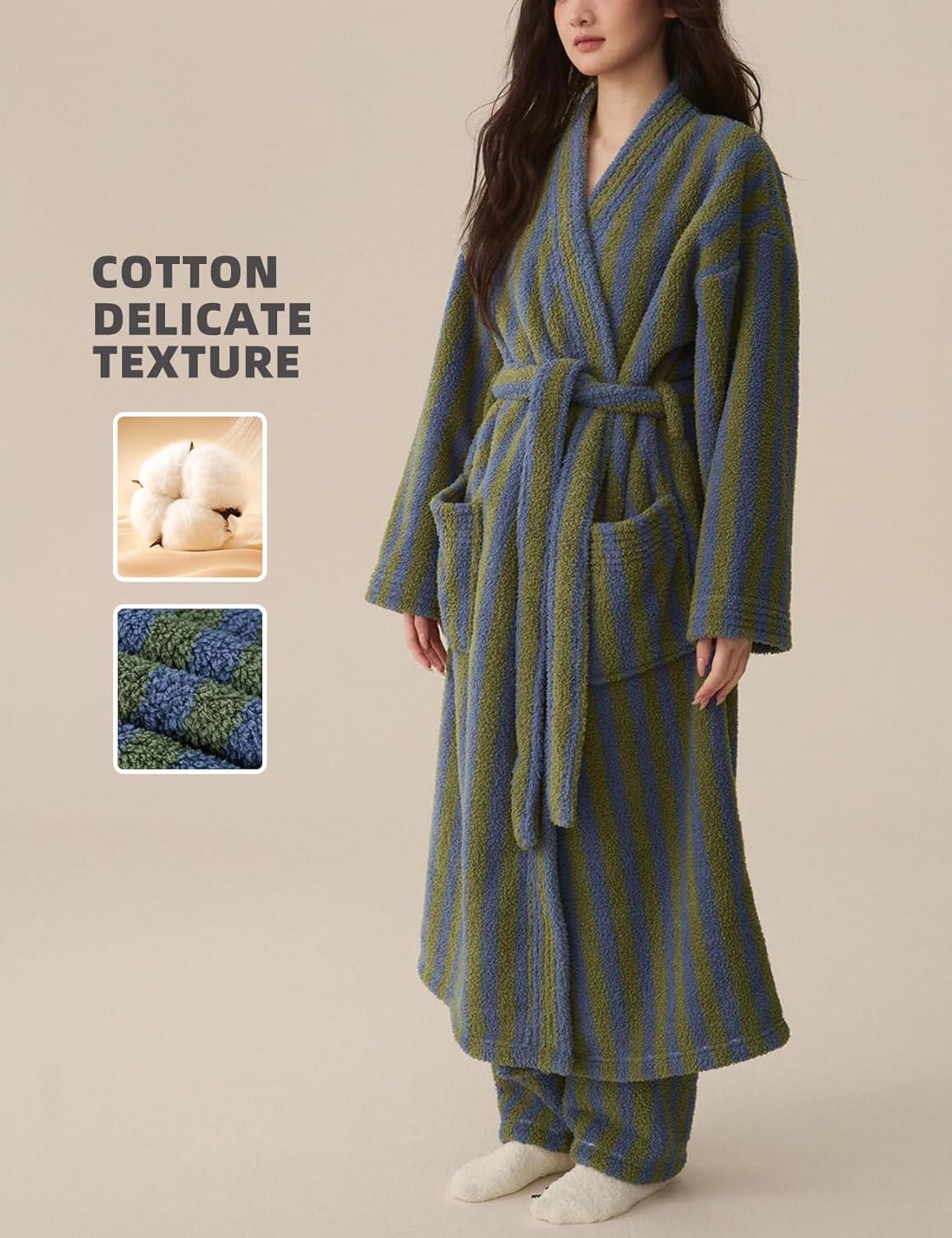 Arssm Womens Striped Fluffy Robe Long Plush Bathrobes Fuzzy Warm Cozy Thick Loungewear Maxi Robe(Green)