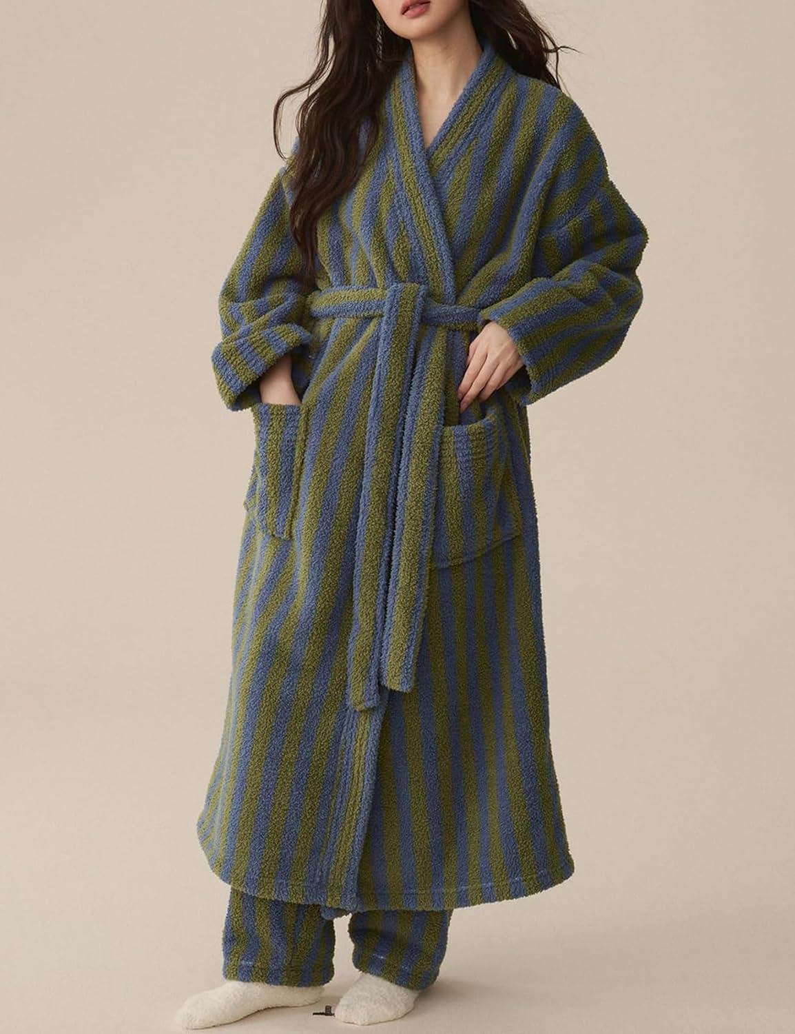 Arssm Womens Striped Fluffy Robe Long Plush Bathrobes Fuzzy Warm Cozy Thick Loungewear Maxi Robe(Green)