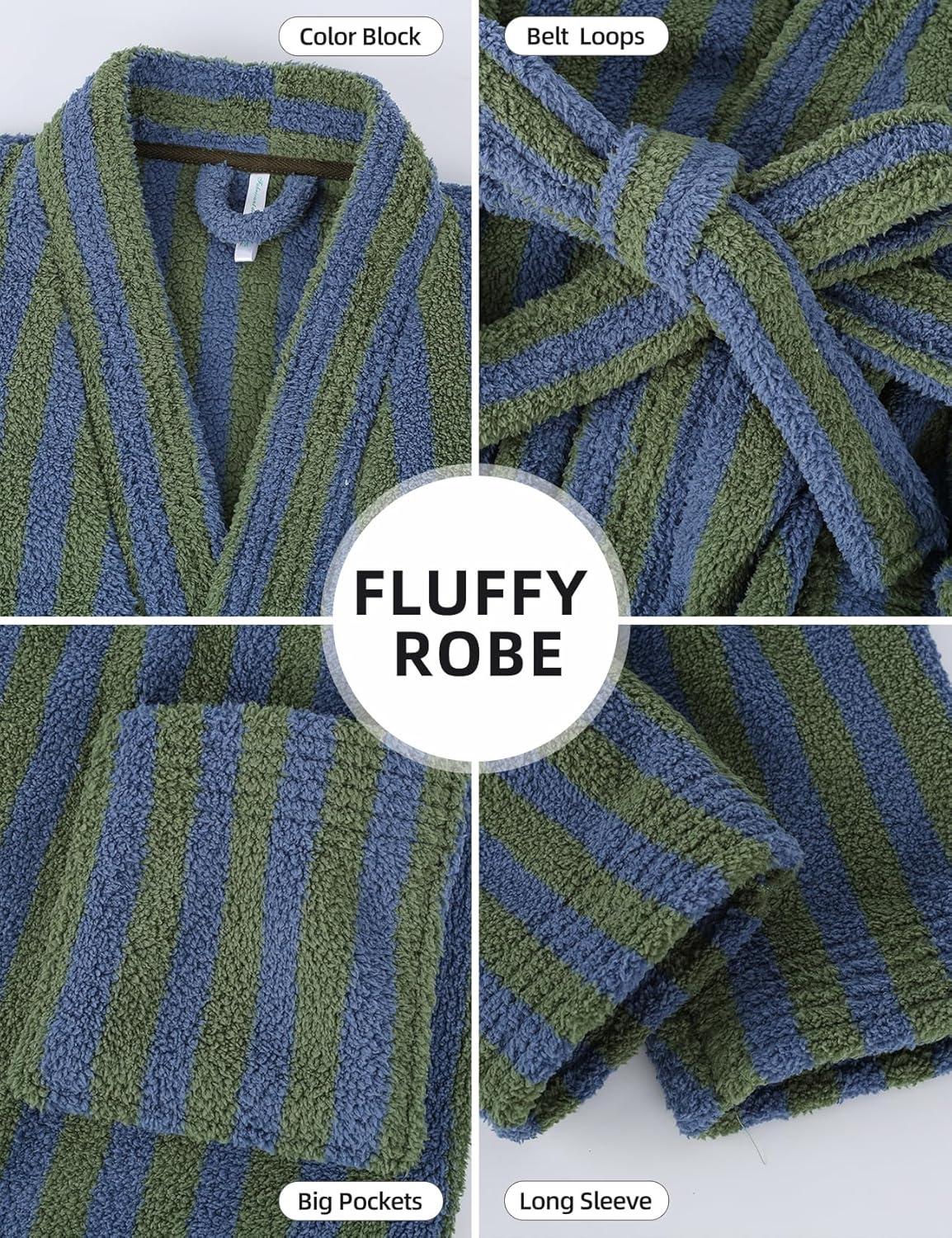 Arssm Womens Striped Fluffy Robe Long Plush Bathrobes Fuzzy Warm Cozy Thick Loungewear Maxi Robe(Green)
