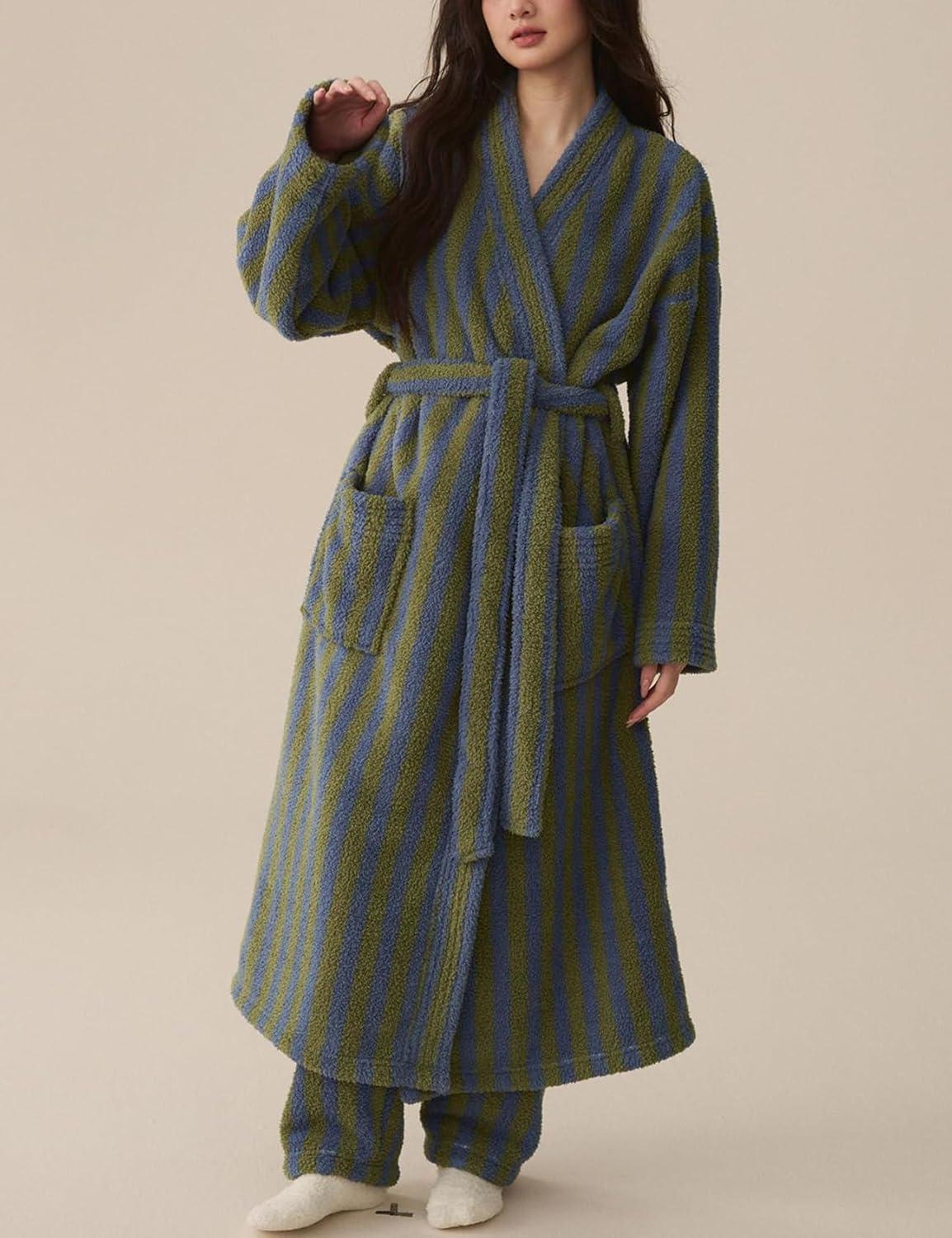 Arssm Womens Striped Fluffy Robe Long Plush Bathrobes Fuzzy Warm Cozy Thick Loungewear Maxi Robe(Green)