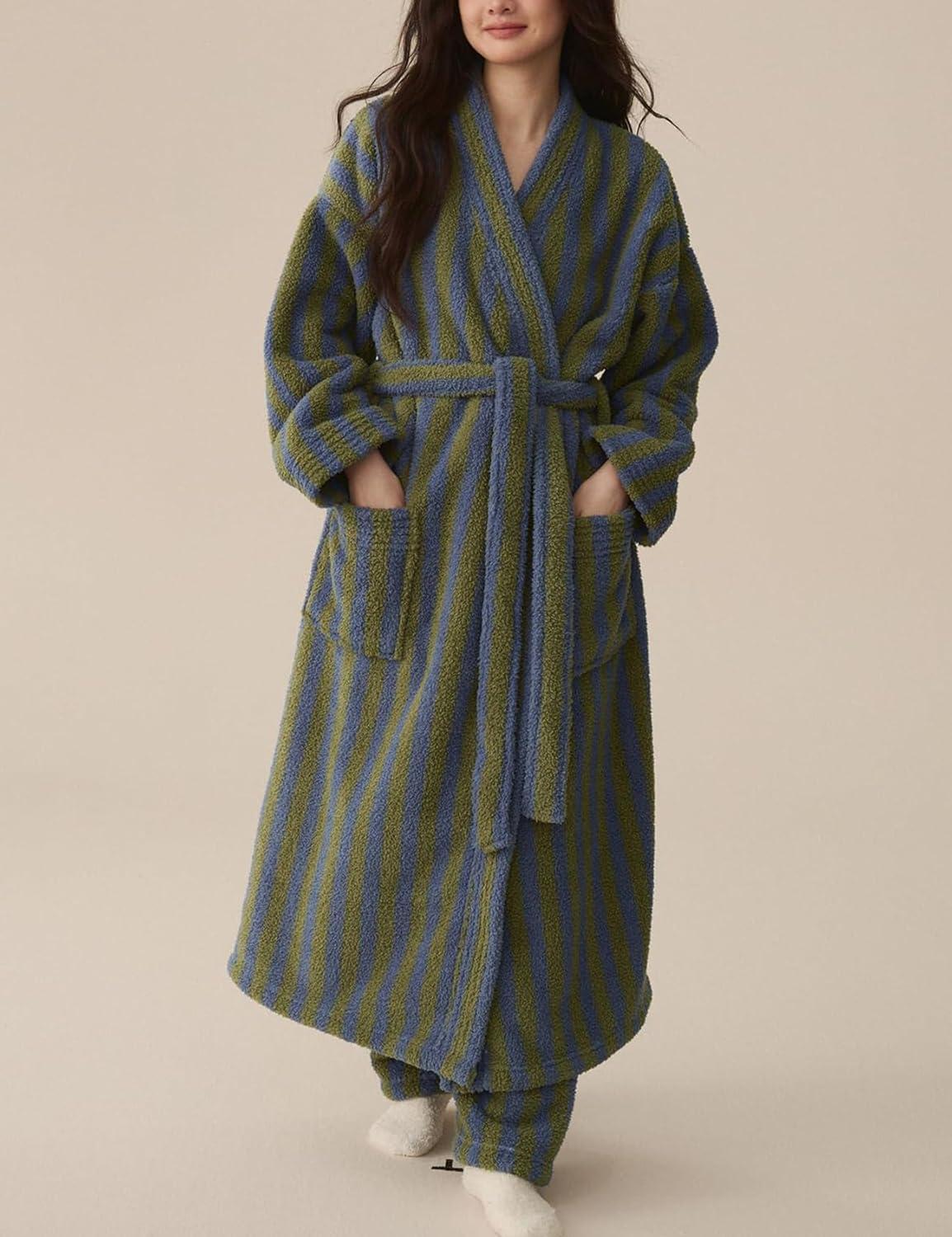 Arssm Womens Striped Fluffy Robe Long Plush Bathrobes Fuzzy Warm Cozy Thick Loungewear Maxi Robe(Green)