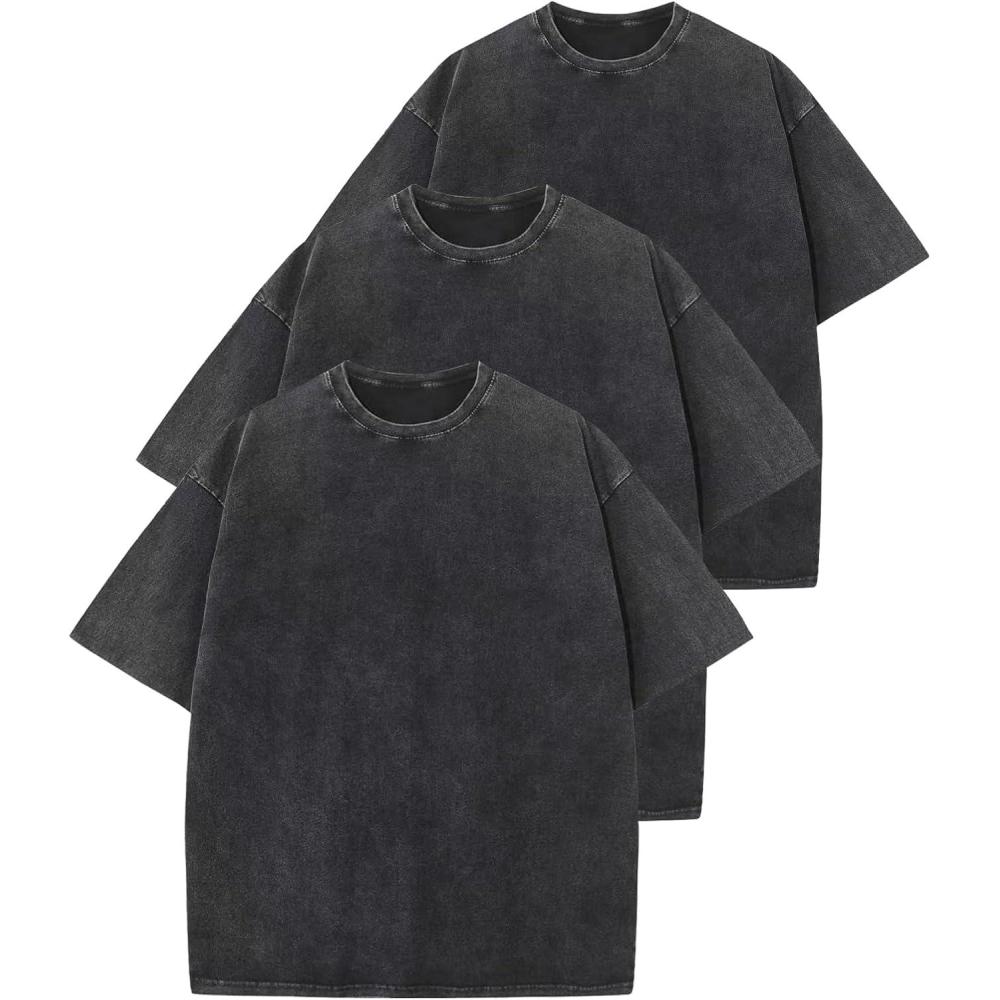 Arssm 3 Pack Men Oversized T Shirts Vintage Tee Loose Fit Short Sleeve Casual Streetwear Baggy Washed Unisex Tops(Black+black+black)