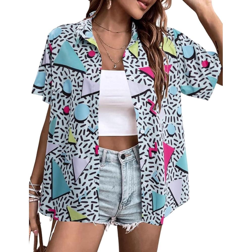 Arssm 80s 90s Shirts for Women Retro Vintage Party Disco Outfits Neon Hawaiian Button Down Blouses Tees Tops(Green)