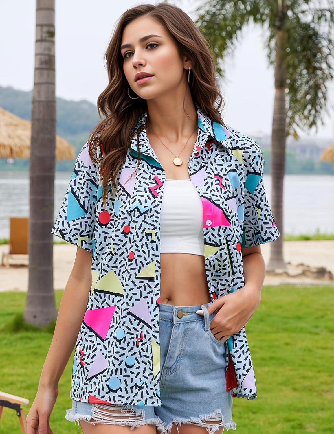 Arssm 80s 90s Shirts for Women Retro Vintage Party Disco Outfits Neon Hawaiian Button Down Blouses Tees Tops(Green)