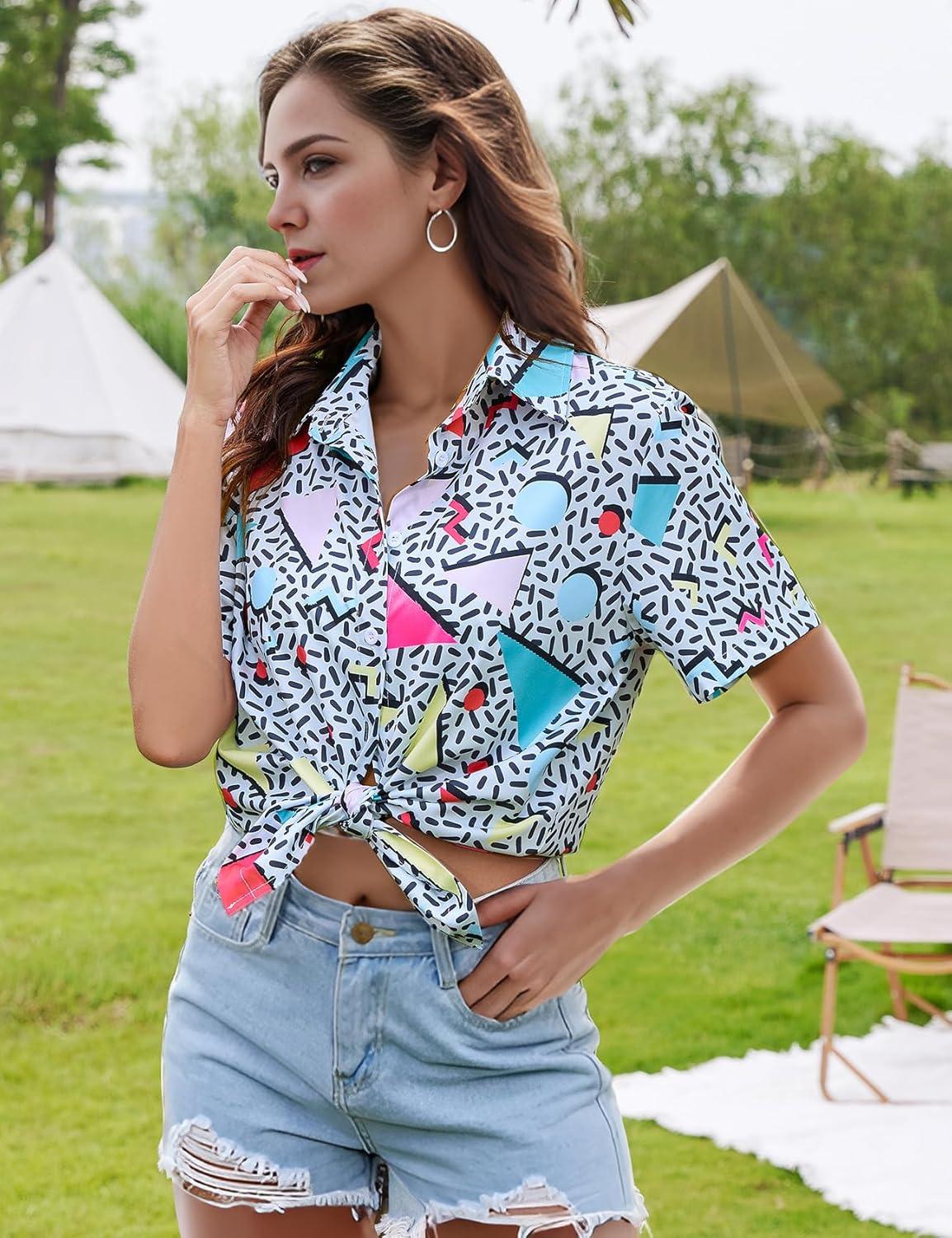 Arssm 80s 90s Shirts for Women Retro Vintage Party Disco Outfits Neon Hawaiian Button Down Blouses Tees Tops(Green)