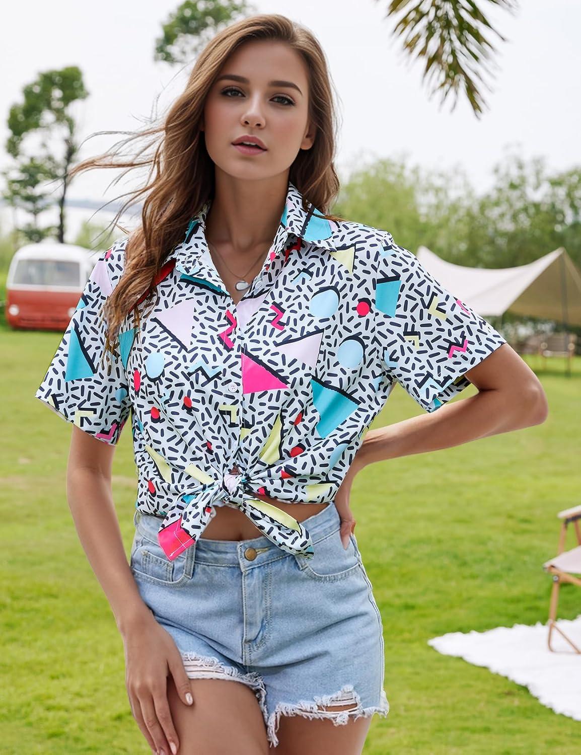 Arssm 80s 90s Shirts for Women Retro Vintage Party Disco Outfits Neon Hawaiian Button Down Blouses Tees Tops(Green)