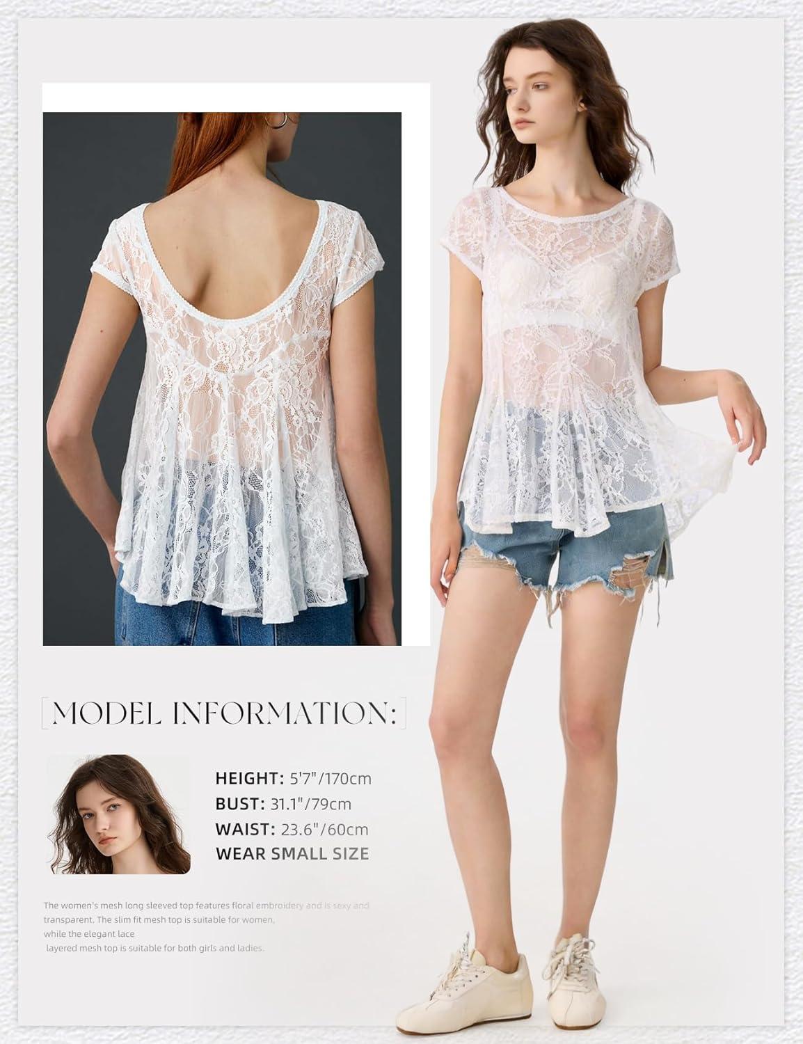 Arssm Sheer Tops for Women Short Sleeve Lace Tops See Through Babydoll Tops Mesh Shirts(White)