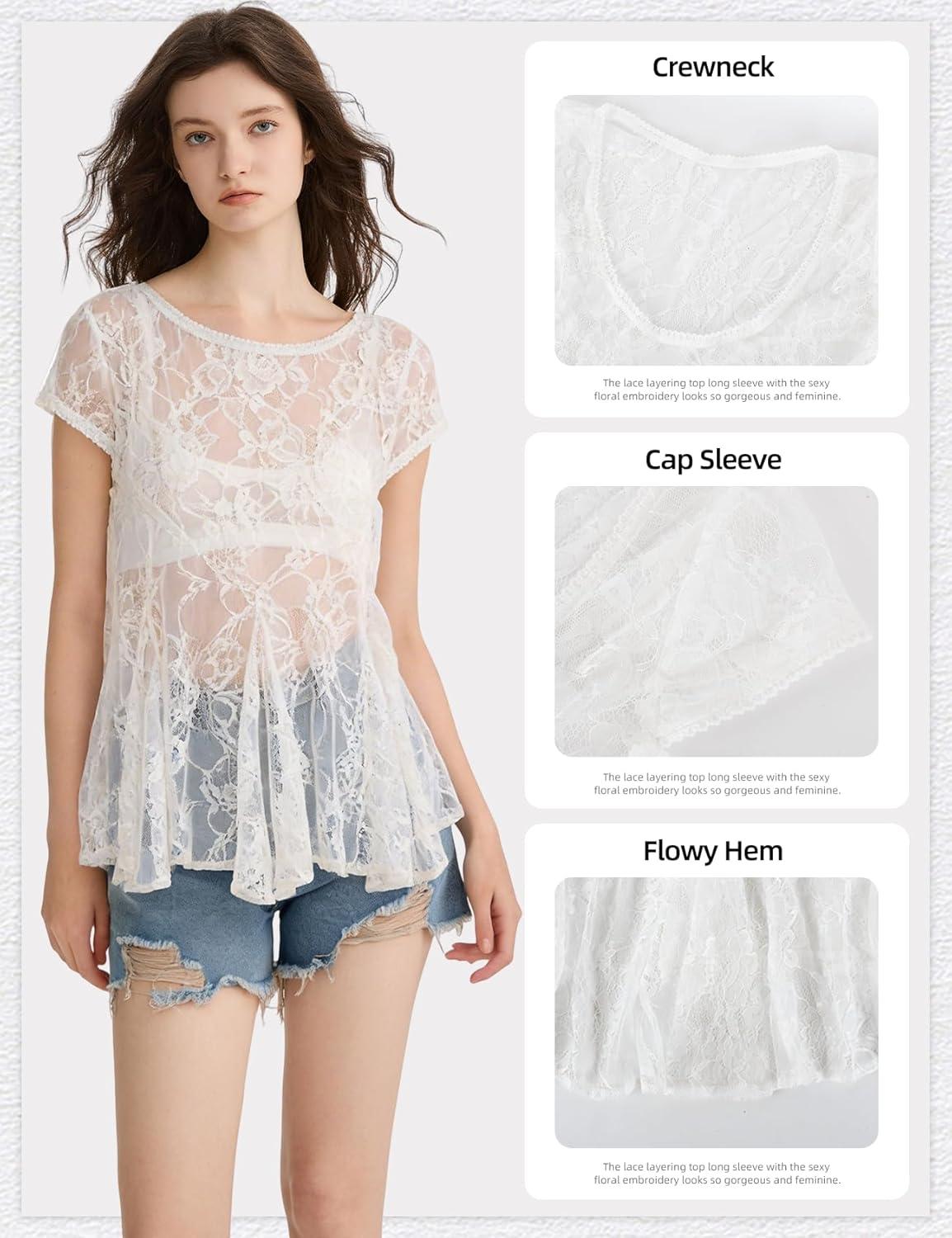 Arssm Sheer Tops for Women Short Sleeve Lace Tops See Through Babydoll Tops Mesh Shirts(White)