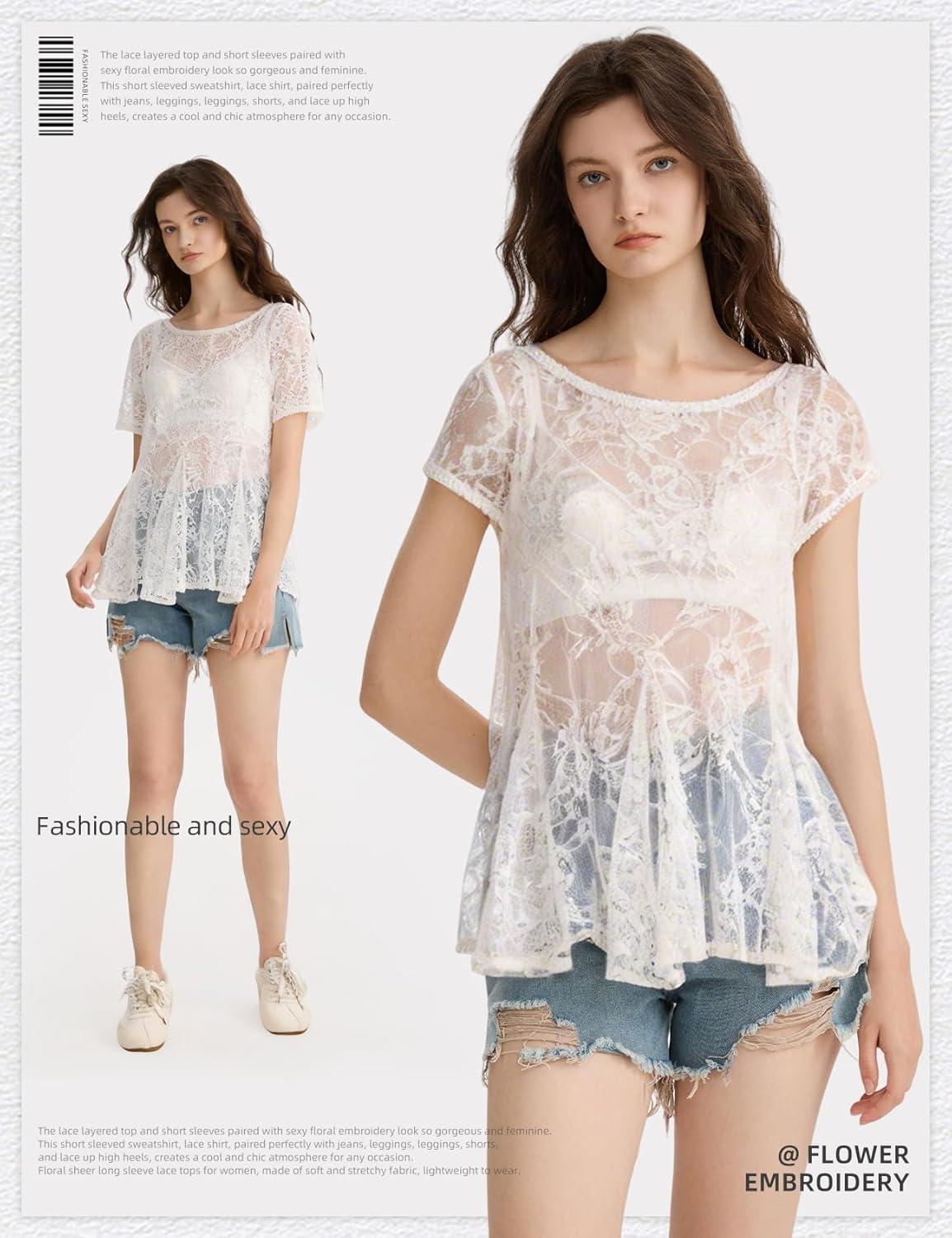 Arssm Sheer Tops for Women Short Sleeve Lace Tops See Through Babydoll Tops Mesh Shirts(White)