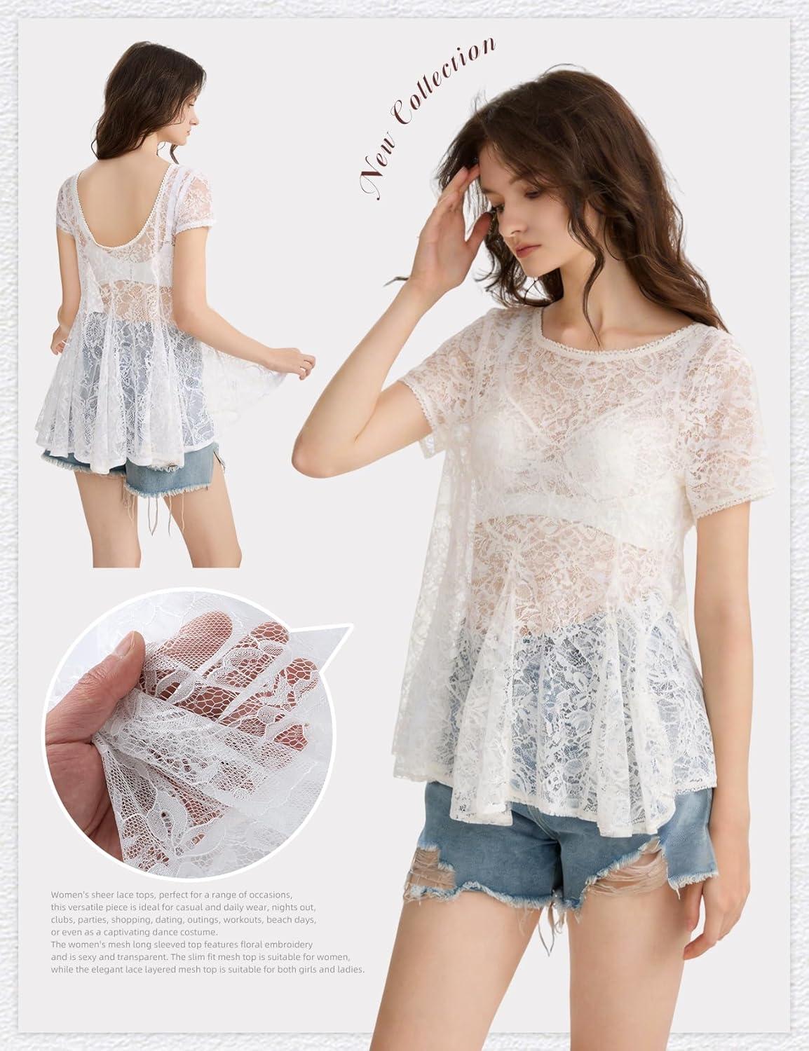 Arssm Sheer Tops for Women Short Sleeve Lace Tops See Through Babydoll Tops Mesh Shirts(White)