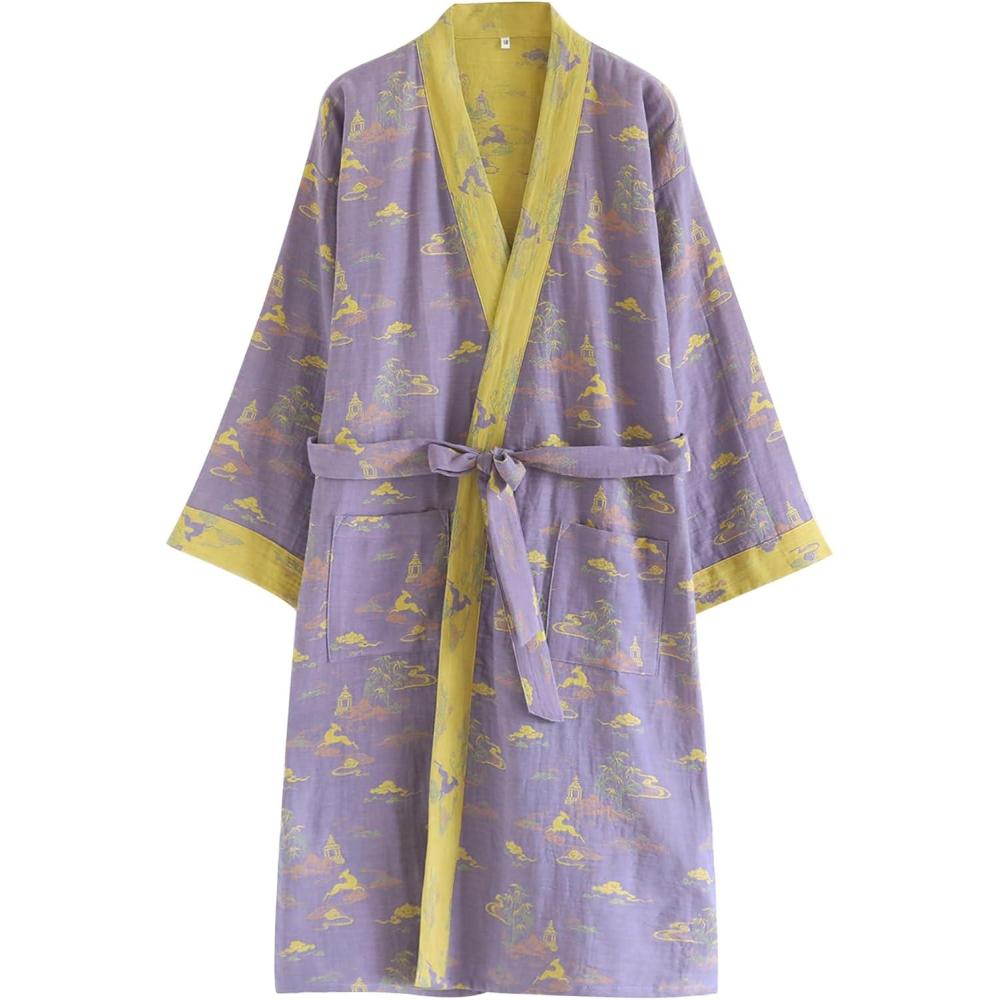 Arssm Women Cotton Gauze Robes Jacquard Japanese Yukata Muslin Kimono Robe Bathrobe Loungewear Sleepwear(Purple)