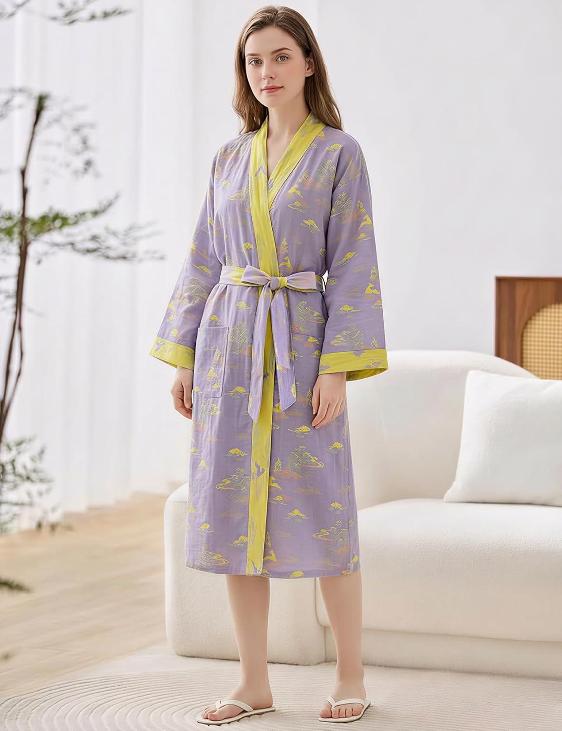 Arssm Women Cotton Gauze Robes Jacquard Japanese Yukata Muslin Kimono Robe Bathrobe Loungewear Sleepwear(Purple)