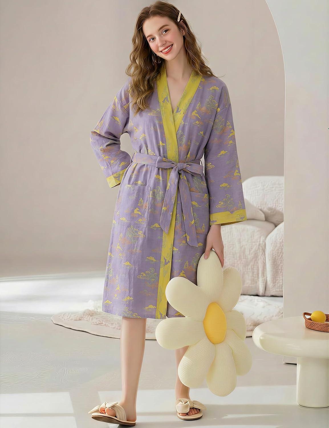 Arssm Women Cotton Gauze Robes Jacquard Japanese Yukata Muslin Kimono Robe Bathrobe Loungewear Sleepwear(Purple)