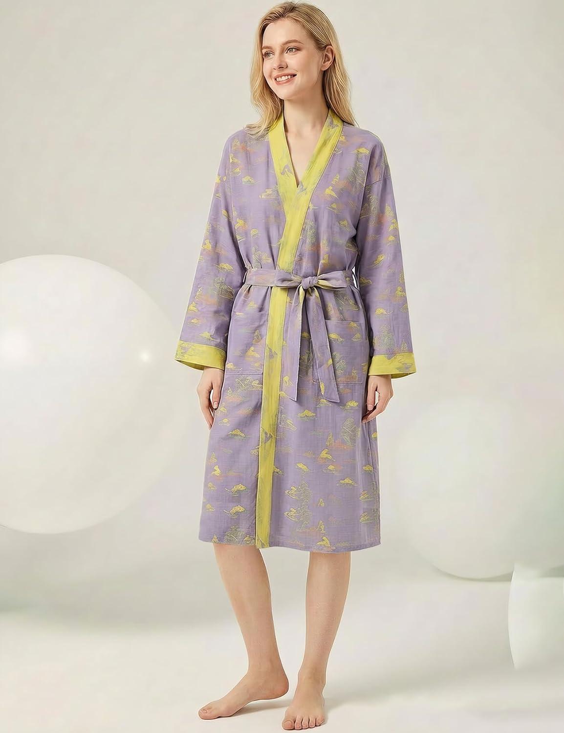 Arssm Women Cotton Gauze Robes Jacquard Japanese Yukata Muslin Kimono Robe Bathrobe Loungewear Sleepwear(Purple)