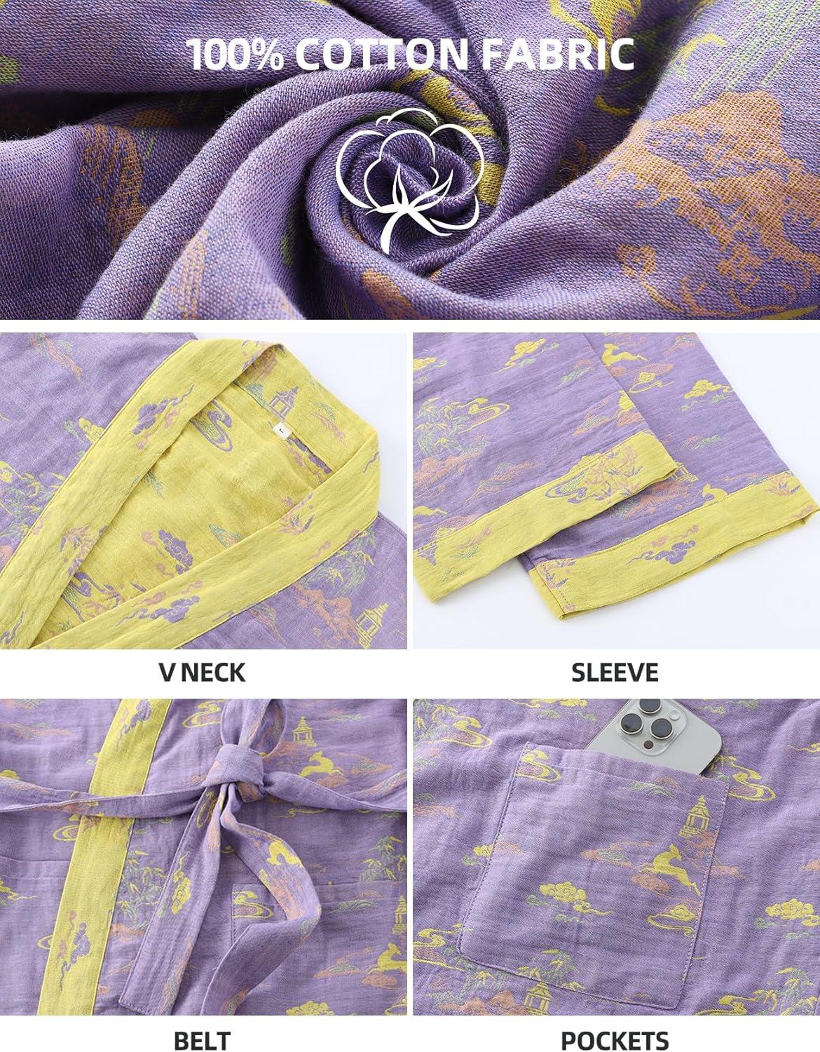 Arssm Women Cotton Gauze Robes Jacquard Japanese Yukata Muslin Kimono Robe Bathrobe Loungewear Sleepwear(Purple)