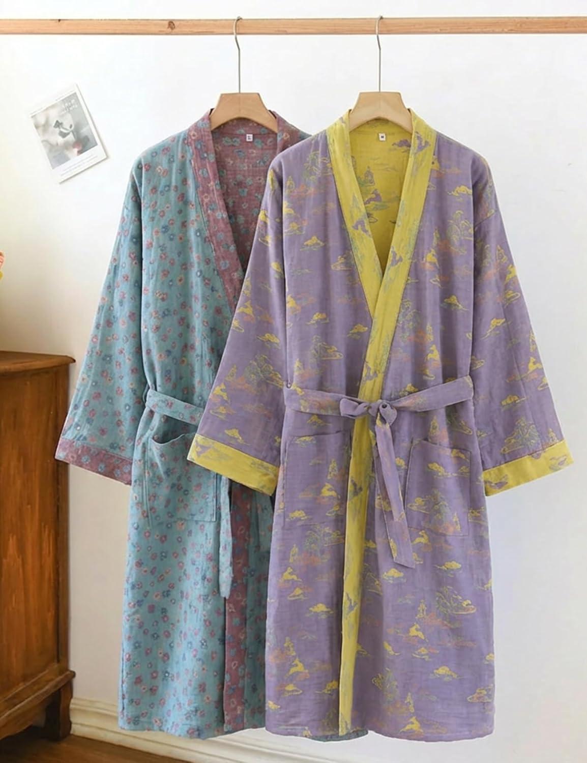 Arssm Women Cotton Gauze Robes Jacquard Japanese Yukata Muslin Kimono Robe Bathrobe Loungewear Sleepwear(Purple)