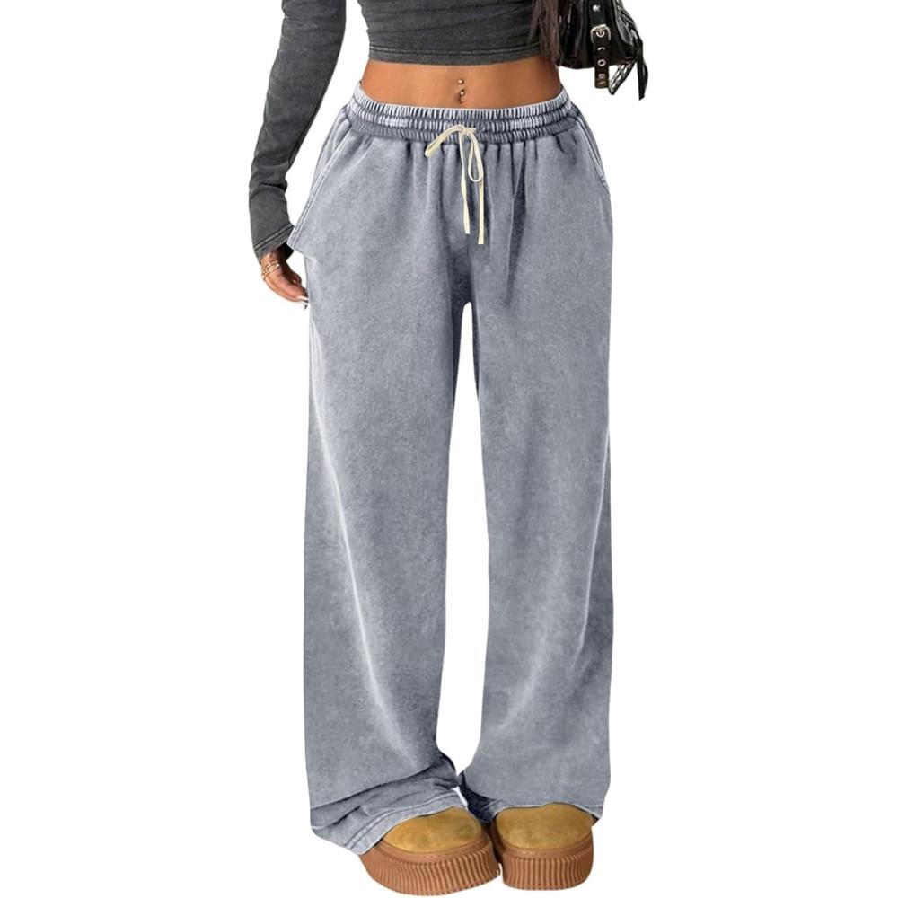 Arssm Baggy Sweatpants for Women Wide Leg Pants Vintage Cotton Acid Wash Drawstring Joggers with Pockets(Grey)