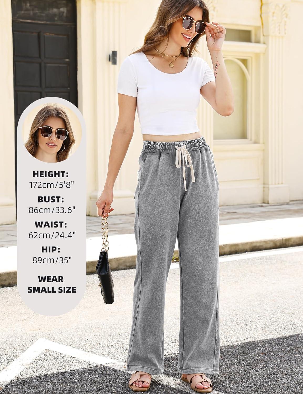 Arssm Baggy Sweatpants for Women Wide Leg Pants Vintage Cotton Acid Wash Drawstring Joggers with Pockets(Grey)