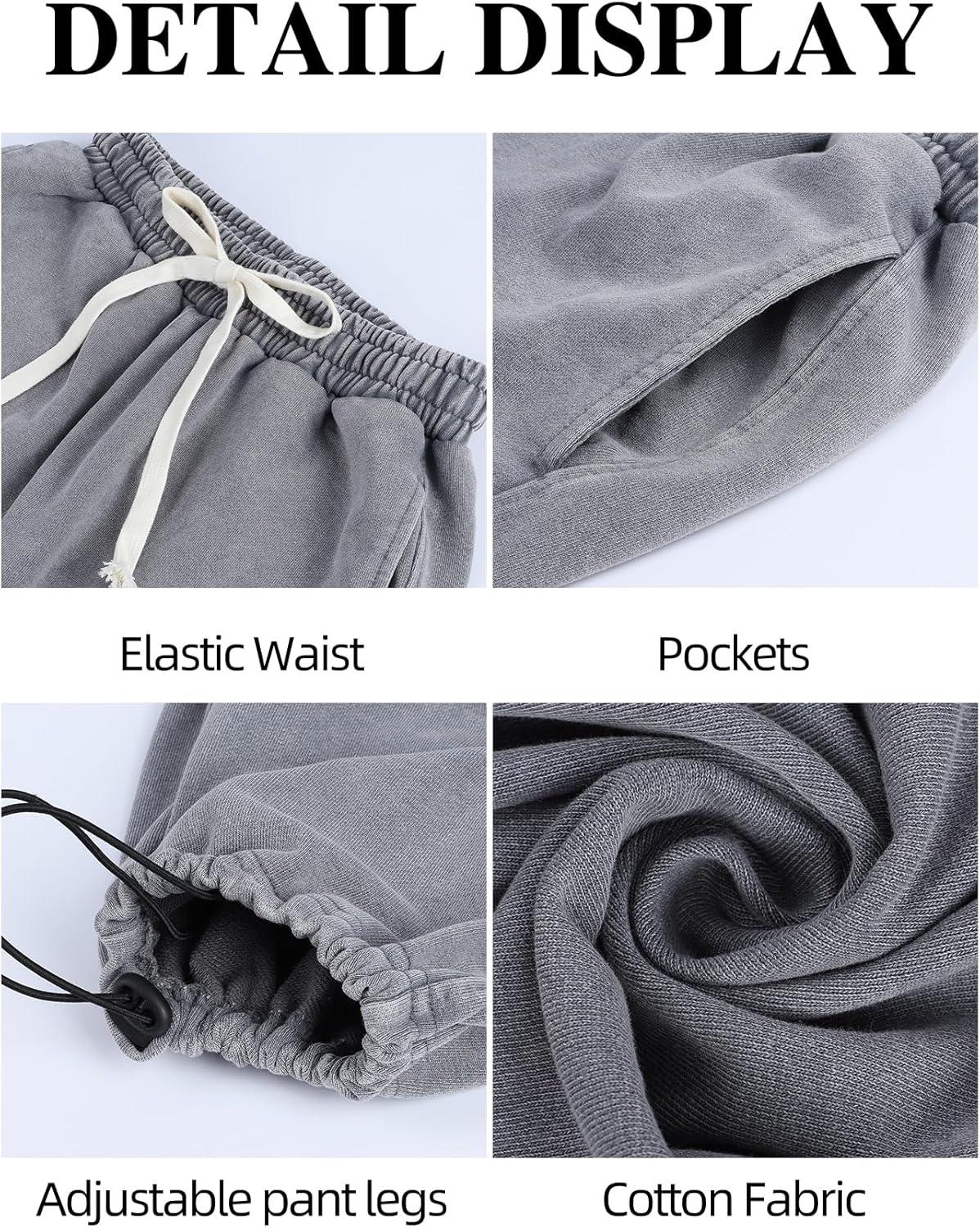 Arssm Baggy Sweatpants for Women Wide Leg Pants Vintage Cotton Acid Wash Drawstring Joggers with Pockets(Grey)