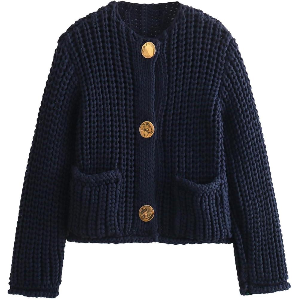 Arssm Womens Cropped Cardigan Sweaters Chunky Open Front Button Down Knit Sweater Long Sleeve Loose Cardigan Outerwear(Navy)