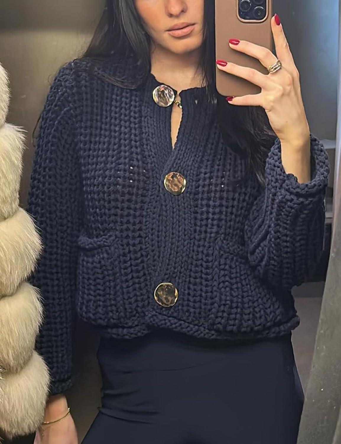 Arssm Womens Cropped Cardigan Sweaters Chunky Open Front Button Down Knit Sweater Long Sleeve Loose Cardigan Outerwear(Navy)