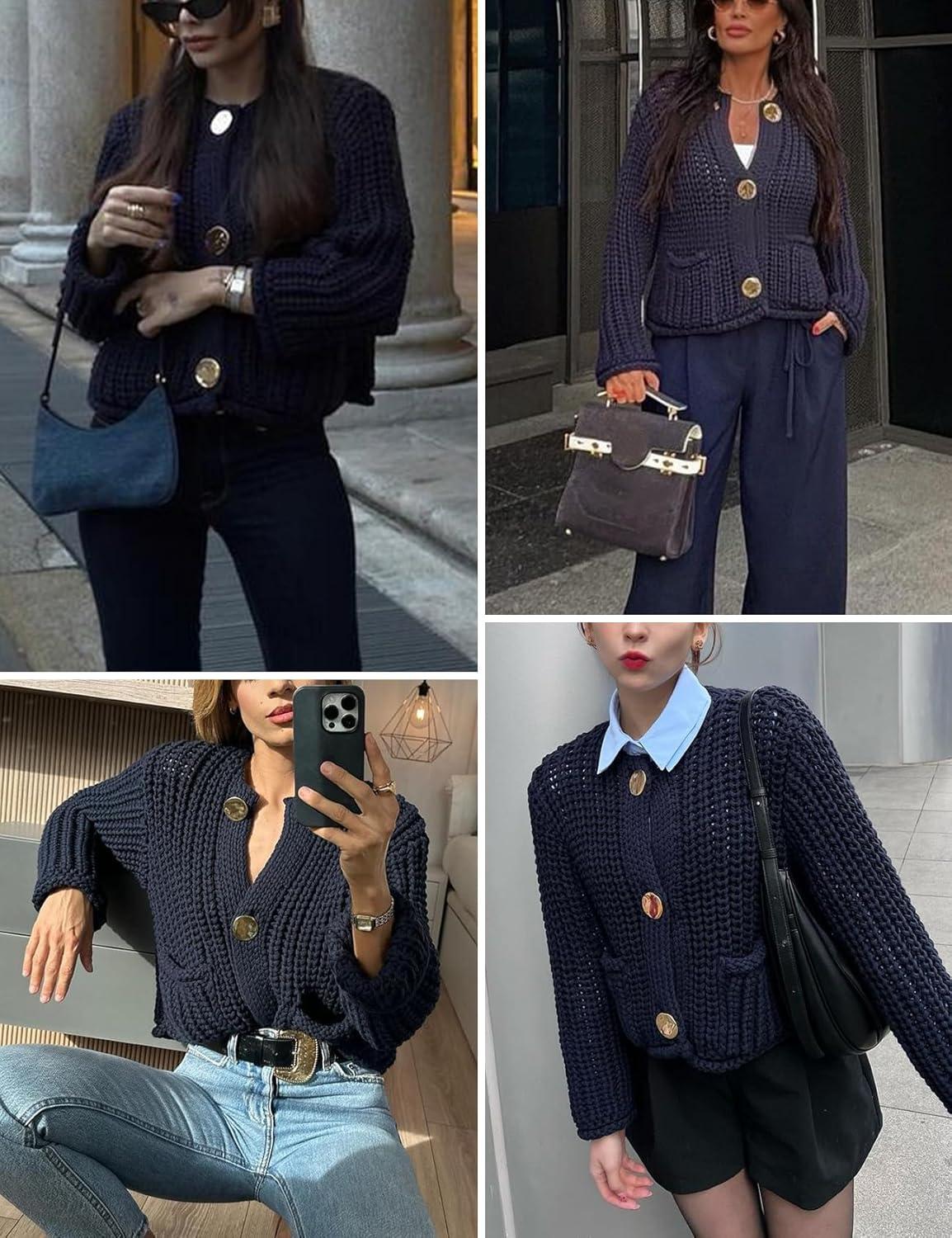 Arssm Womens Cropped Cardigan Sweaters Chunky Open Front Button Down Knit Sweater Long Sleeve Loose Cardigan Outerwear(Navy)