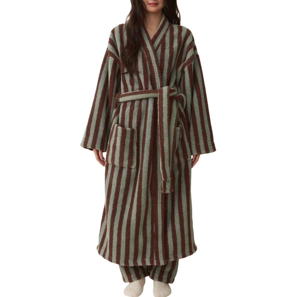 Arssm Womens Striped Fluffy Robe Long Plush Bathrobes Fuzzy Warm Cozy Thick Loungewear Maxi Robe(Khaki)