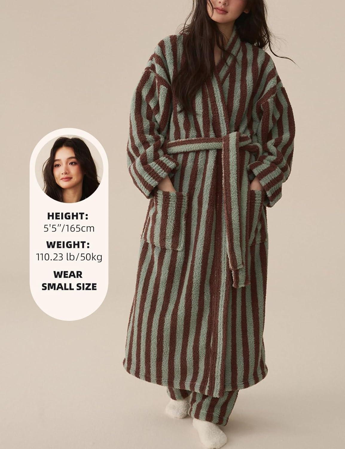 Arssm Womens Striped Fluffy Robe Long Plush Bathrobes Fuzzy Warm Cozy Thick Loungewear Maxi Robe(Khaki)