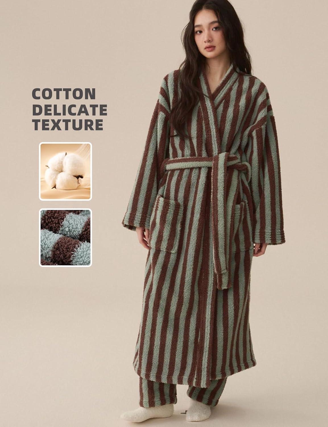 Arssm Womens Striped Fluffy Robe Long Plush Bathrobes Fuzzy Warm Cozy Thick Loungewear Maxi Robe(Khaki)